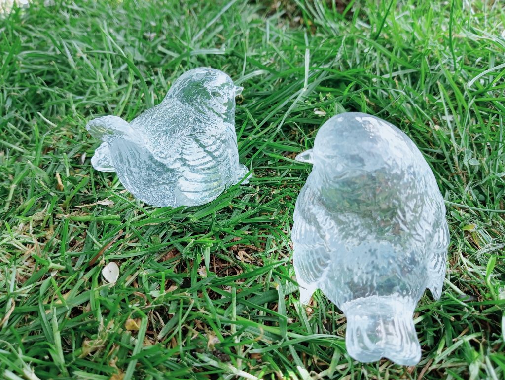 Garden birds, Cute little birds made in resin themselves to give the effect you see in the pictures, available in clear,.marbled brown and red to represent a robin, also in blue and green to represent a blue tit.I These will look,great in any garden or conservatory.