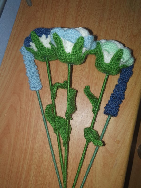 Blue Lavender and 3 Blue Rose Crochet Flower Bouquet - Image 3