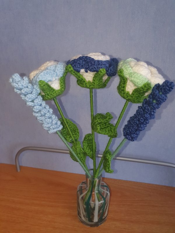 Blue Lavender and 3 Blue Rose Crochet Flower Bouquet - Image 2