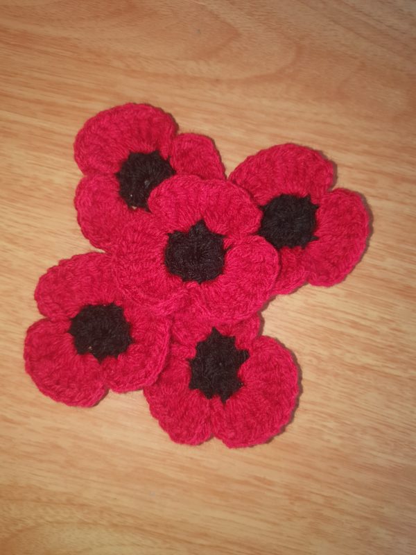 Set of 5 Handmade Crochet Poppy Brooch Pins - Handmade Red And Black Poppies - Image 3