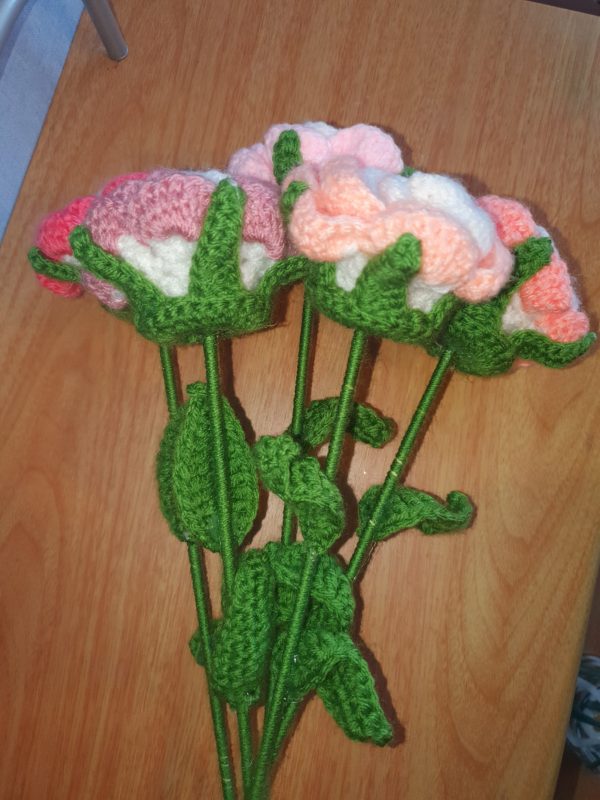 Pink Rose Bouquet 5 Handmade Crochet Stems - Image 3