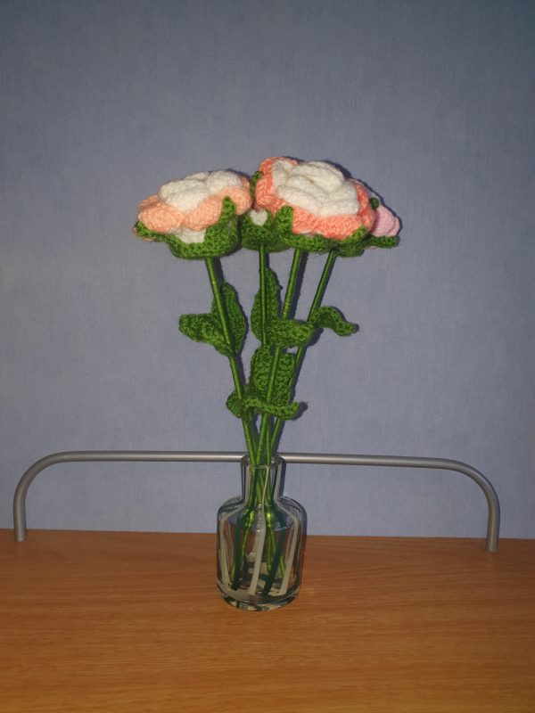 Pink Rose Bouquet 5 Handmade Crochet Stems - Image 2