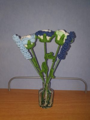 Blue Lavender and 3 Blue Rose Crochet Flower Bouquet