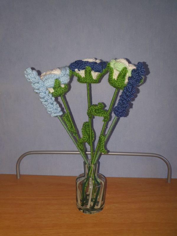 Blue Lavender and 3 Blue Rose Crochet Flower Bouquet