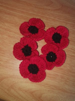 Set of 5 Handmade Crochet Poppy Brooch Pins - Handmade Red And Black Poppies