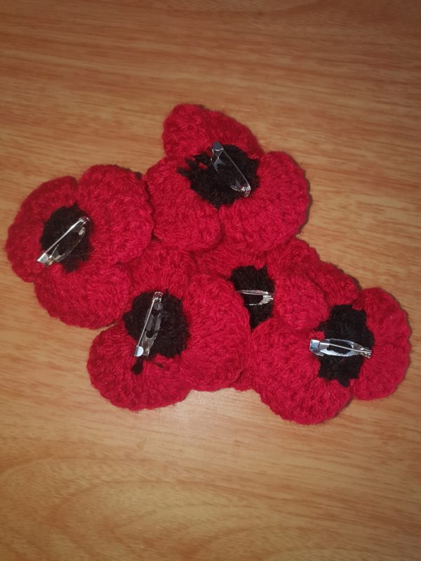 Set of 5 Handmade Crochet Poppy Brooch Pins - Handmade Red And Black Poppies - Image 4