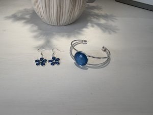 Blue Flower Earrings and Oval Bangle Set