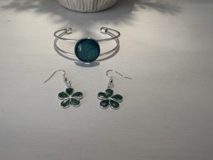 Blue/Green Flower Earring and Bangle Set