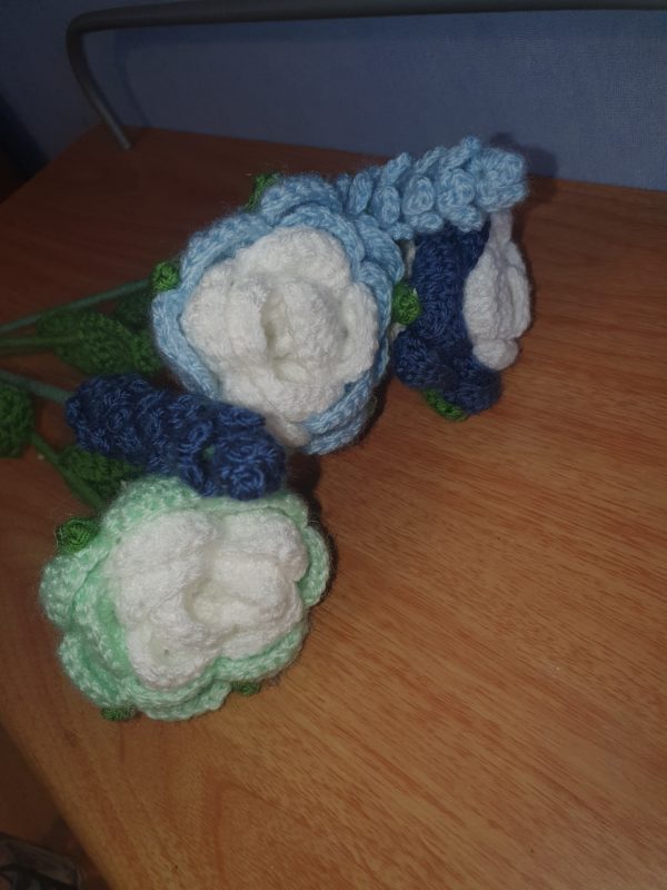 Blue Lavender and 3 Blue Rose Crochet Flower Bouquet - Image 4