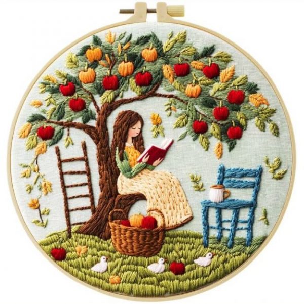 Cross Stitch Kits for Beginners | Girl Under Tree (20cm with Frame)