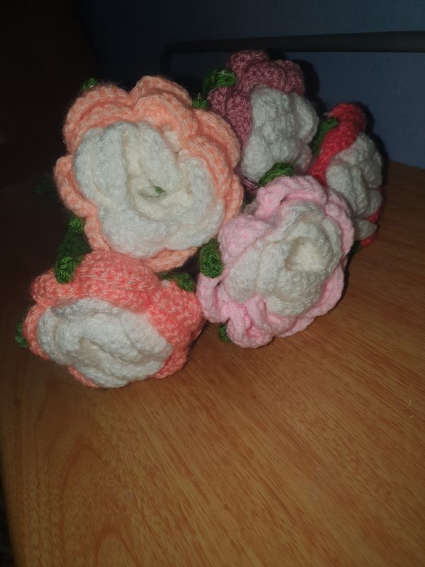 Pink Rose Bouquet 5 Handmade Crochet Stems - Image 4