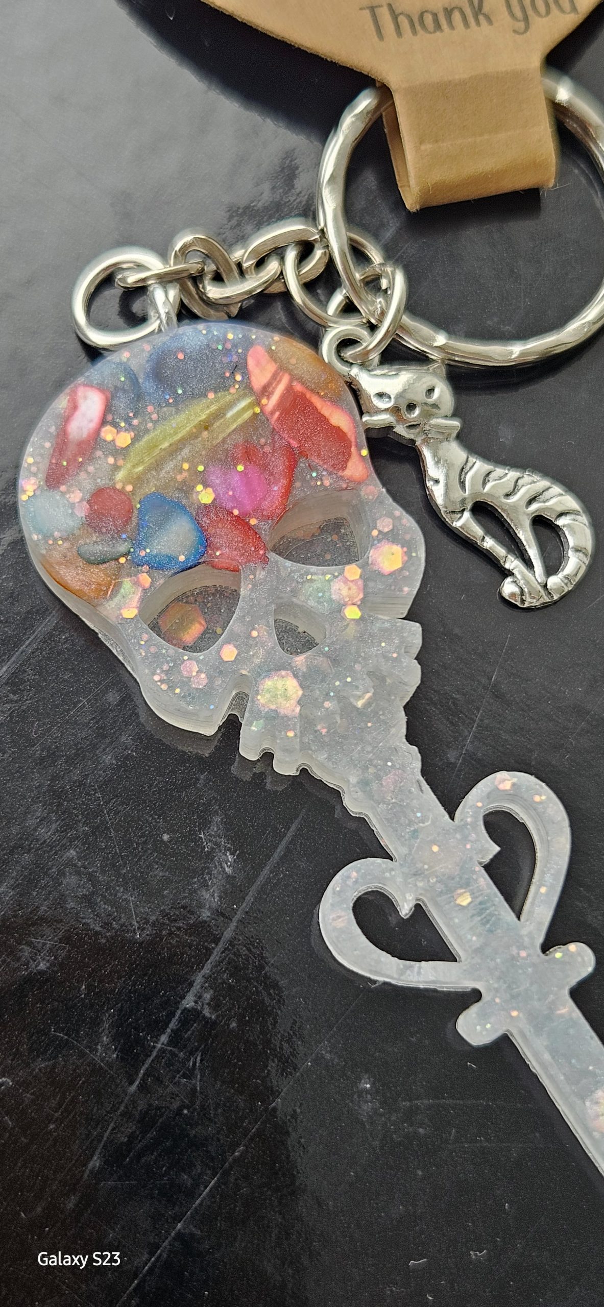 Whimsical Goth Skull Keyring Resin Keyring with Cat Charm - Image 3