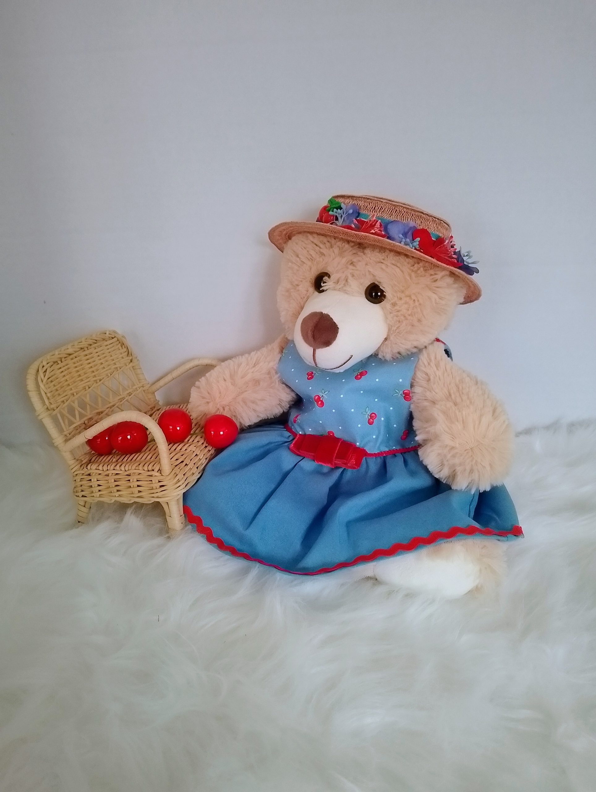 New, high-quality generic, non-branded soft toy teddy bear with unique, custom-made summer dress and boater hat by Enchanting World. - Image 2