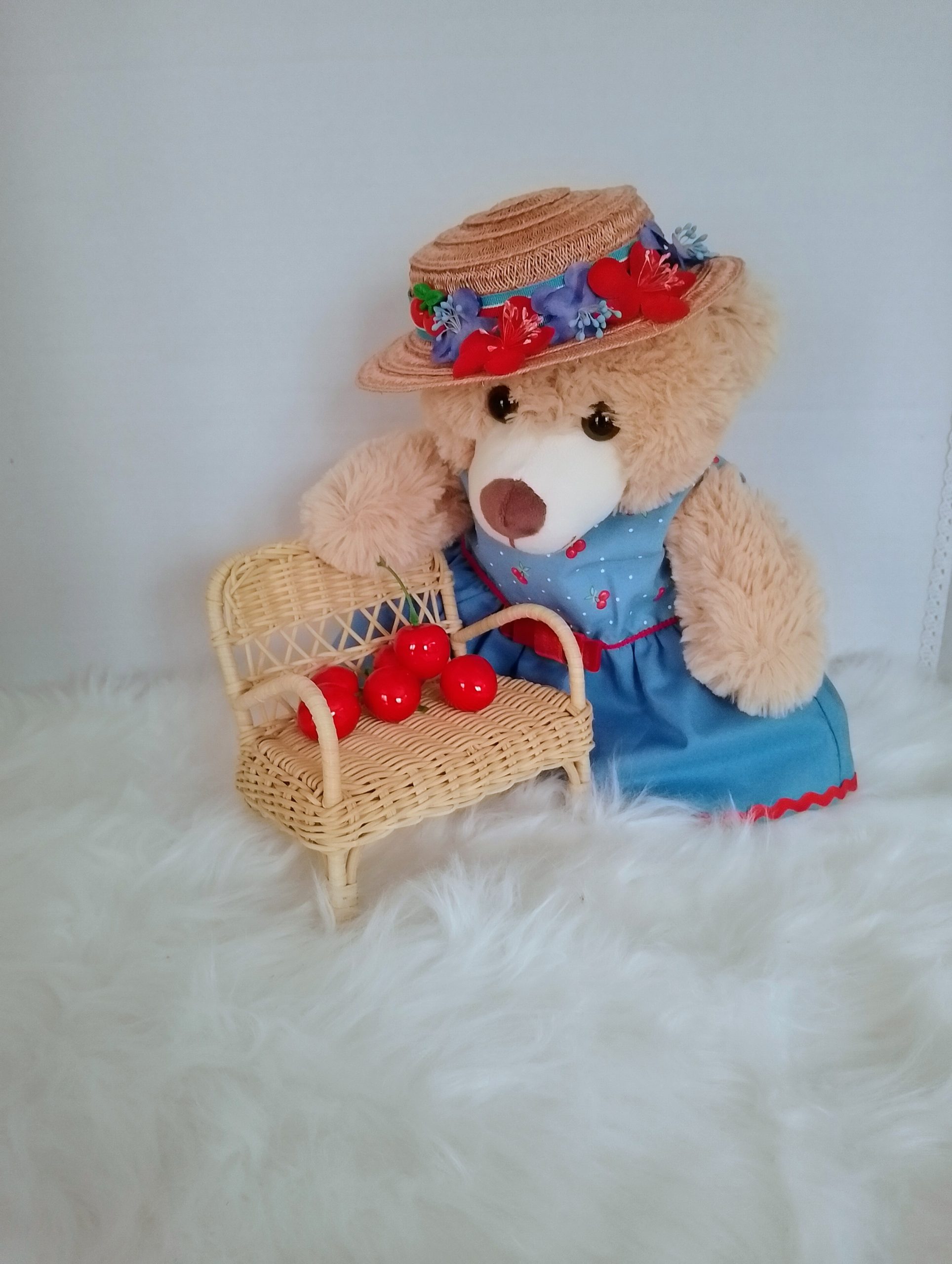 New, high-quality generic, non-branded soft toy teddy bear with unique, custom-made summer dress and boater hat by Enchanting World. - Image 4