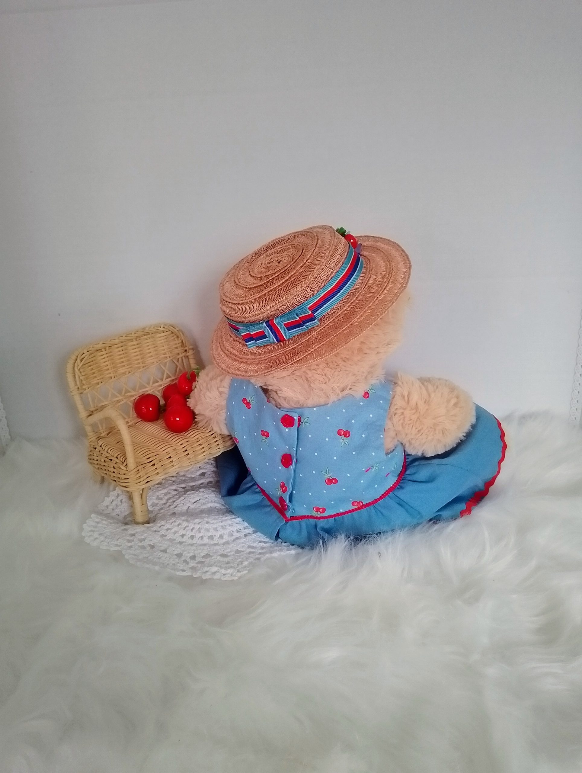 New, high-quality generic, non-branded soft toy teddy bear with unique, custom-made summer dress and boater hat by Enchanting World. - Image 3