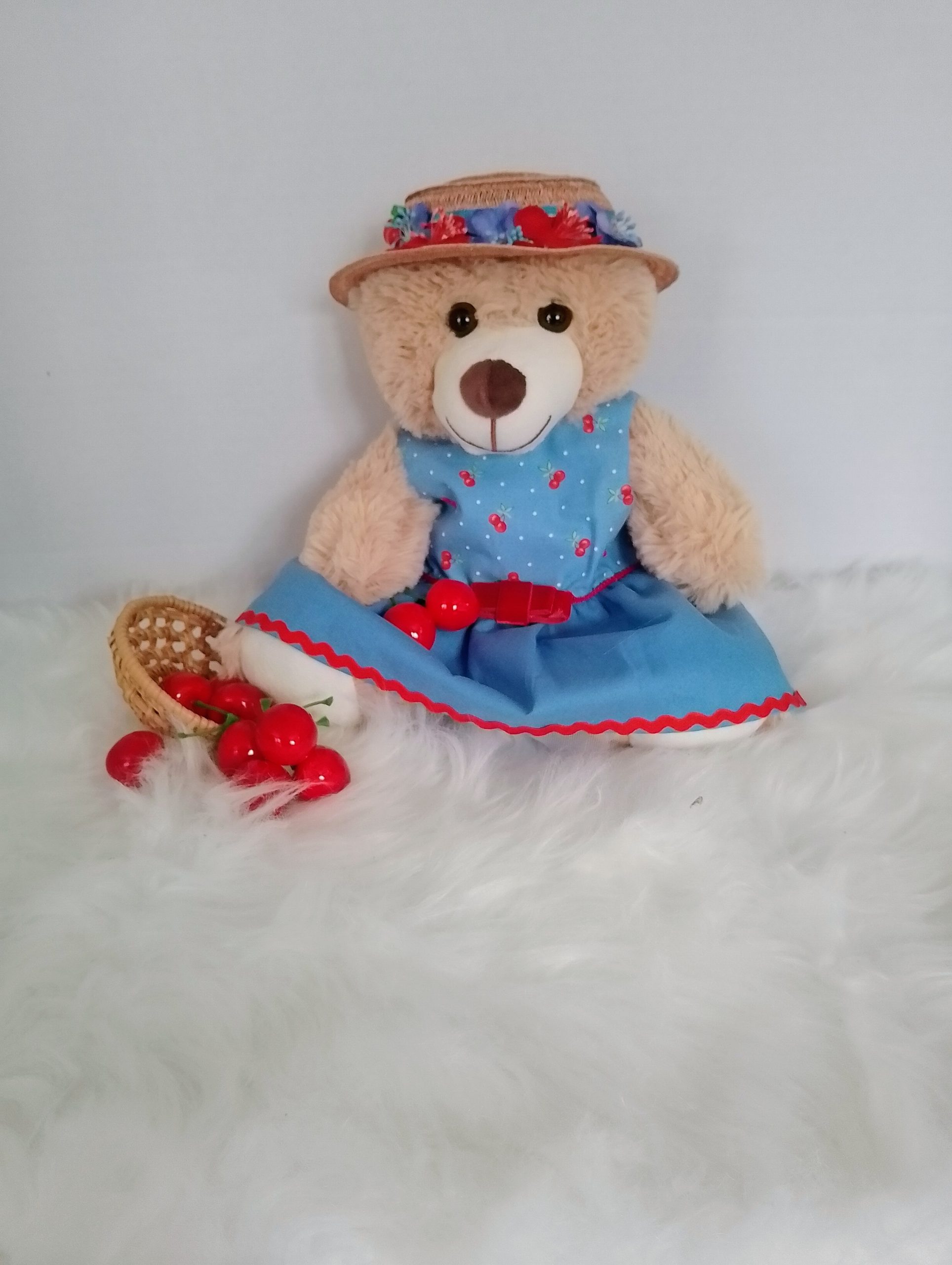 New, high-quality generic, non-branded soft toy teddy bear with unique, custom-made summer dress and boater hat by Enchanting World. - Image 6