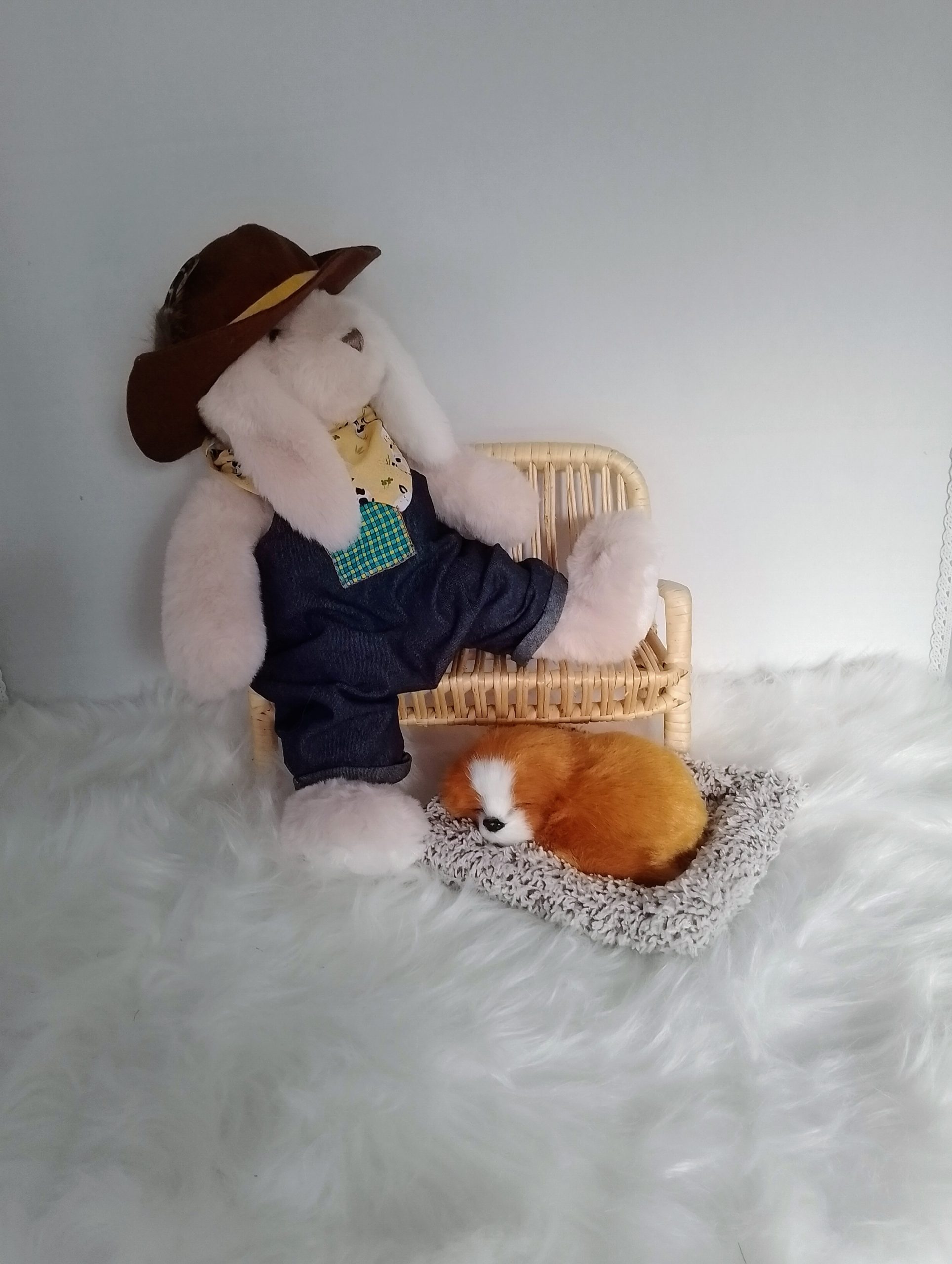 New, high-quality generic, non-branded soft toy bunny with unique, custom-made pair of dungarees and cowboy hat by Enchanting World. - Image 2