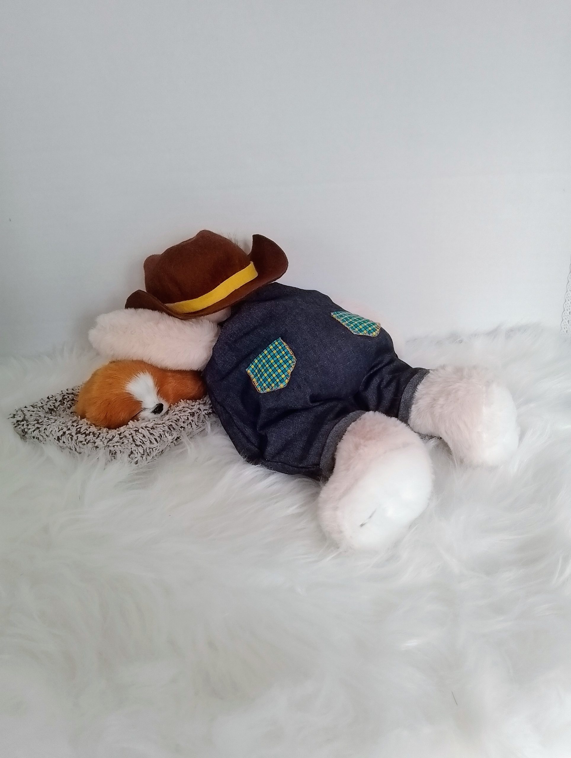 New, high-quality generic, non-branded soft toy bunny with unique, custom-made pair of dungarees and cowboy hat by Enchanting World. - Image 3