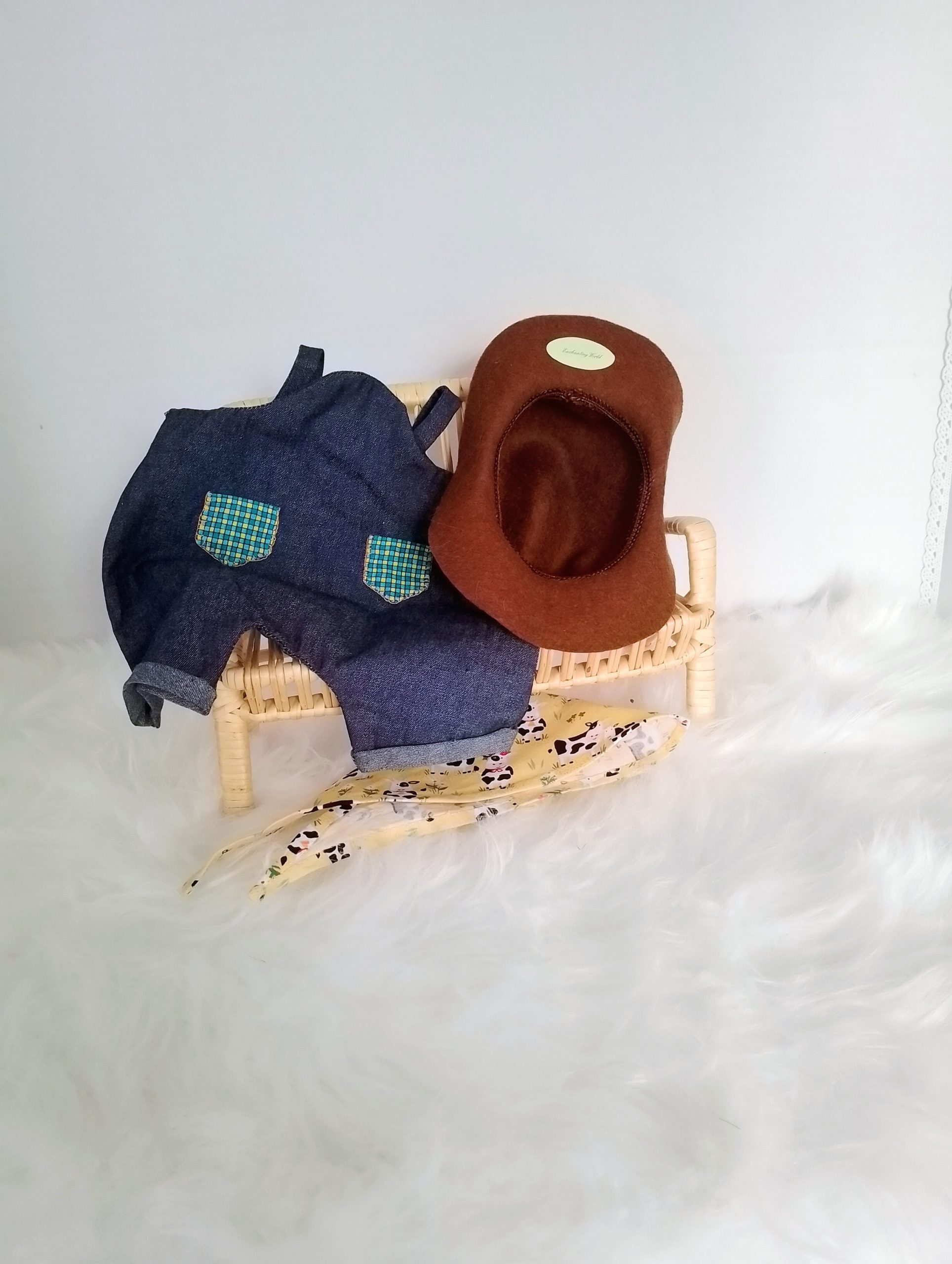 New, high-quality generic, non-branded soft toy bunny with unique, custom-made pair of dungarees and cowboy hat by Enchanting World. - Image 6