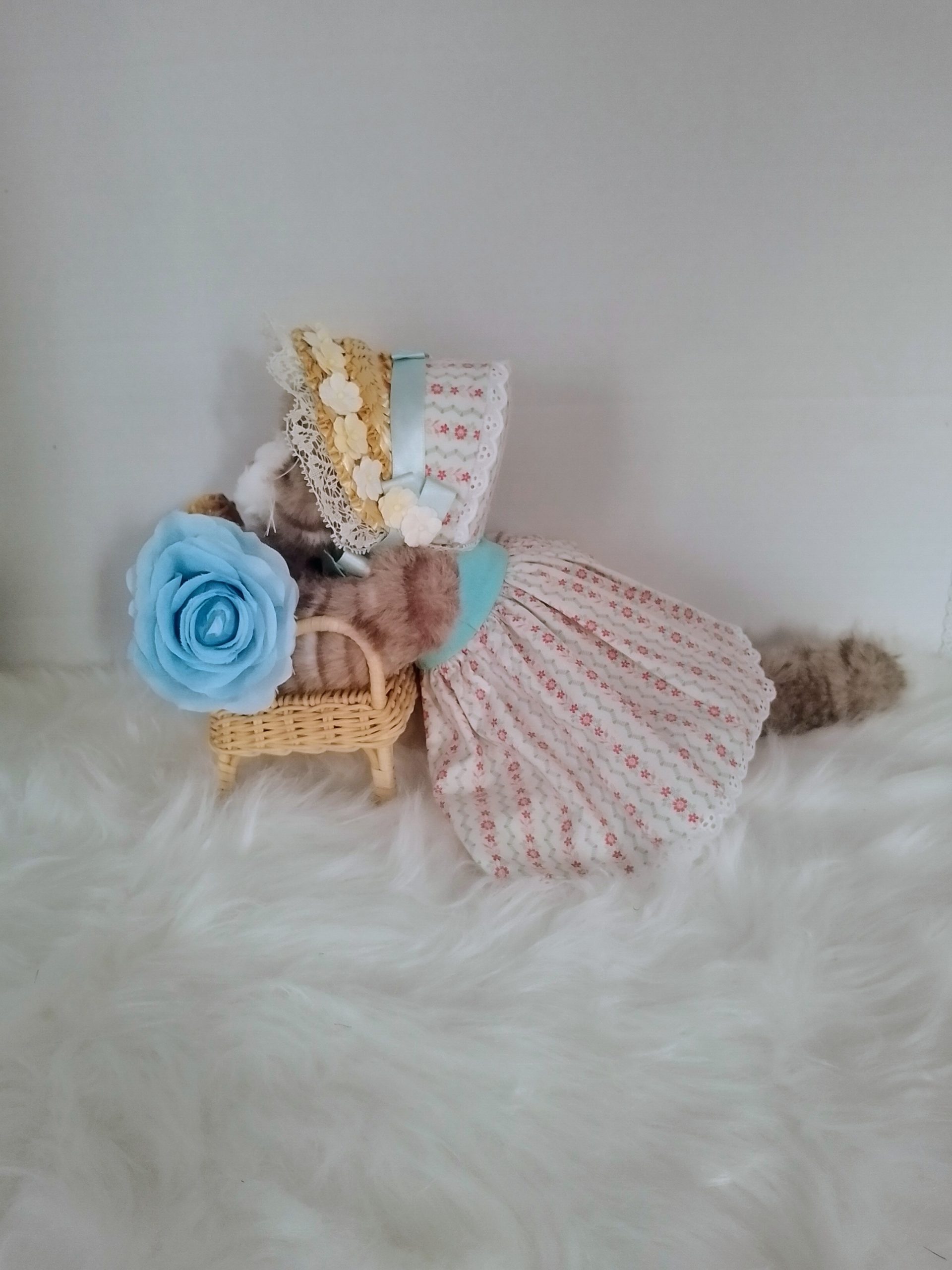 New, high-quality generic, non-branded soft toy cat with unique, custom-made summer dress and poke bonnet by Enchanting World. - Image 2