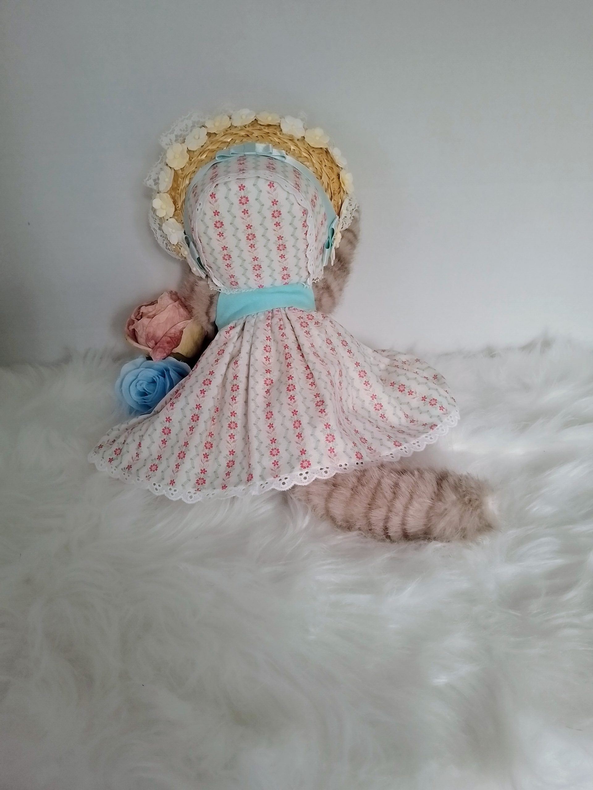 New, high-quality generic, non-branded soft toy cat with unique, custom-made summer dress and poke bonnet by Enchanting World. - Image 3