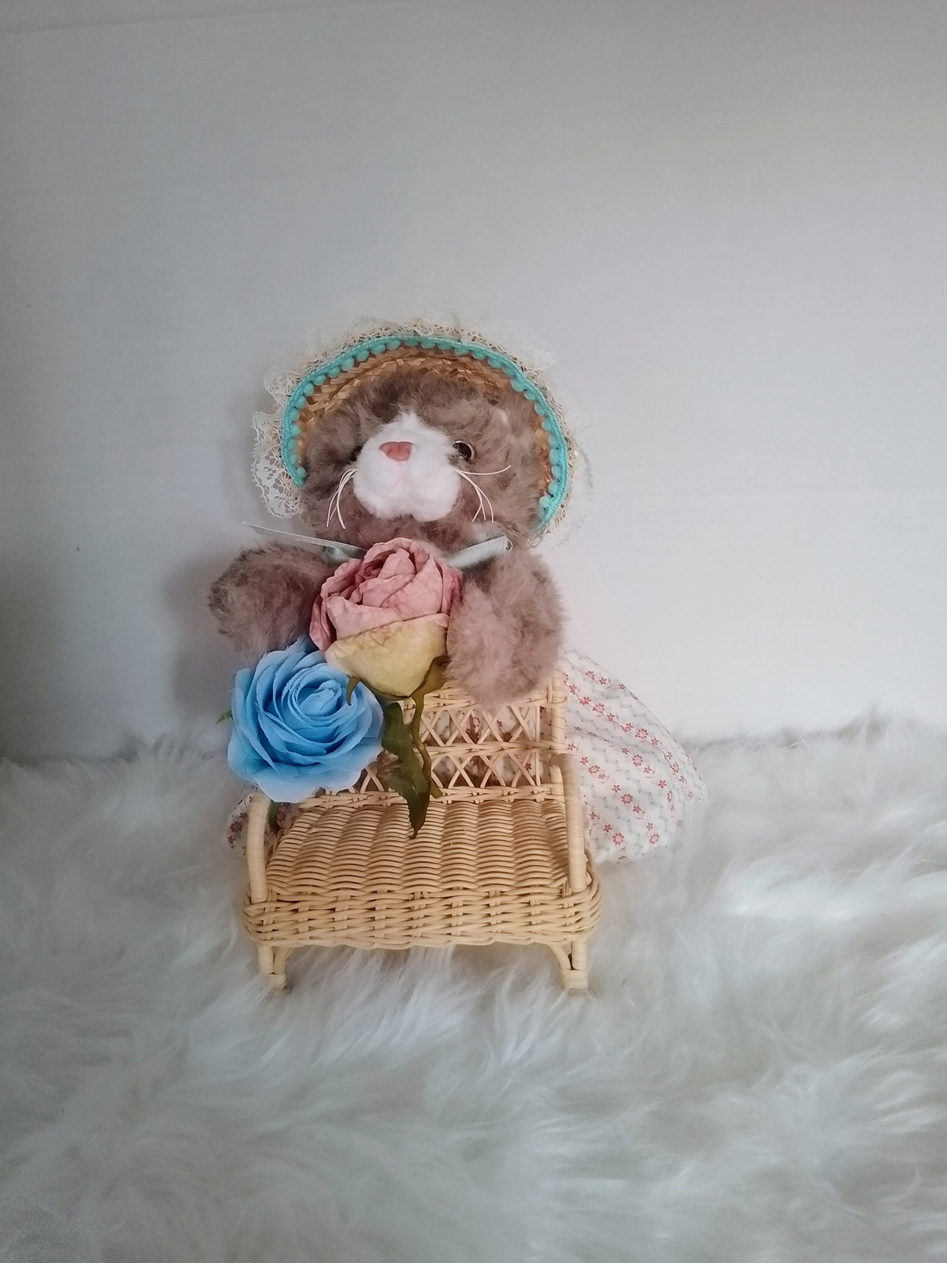 New, high-quality generic, non-branded soft toy cat with unique, custom-made summer dress and poke bonnet by Enchanting World. - Image 4