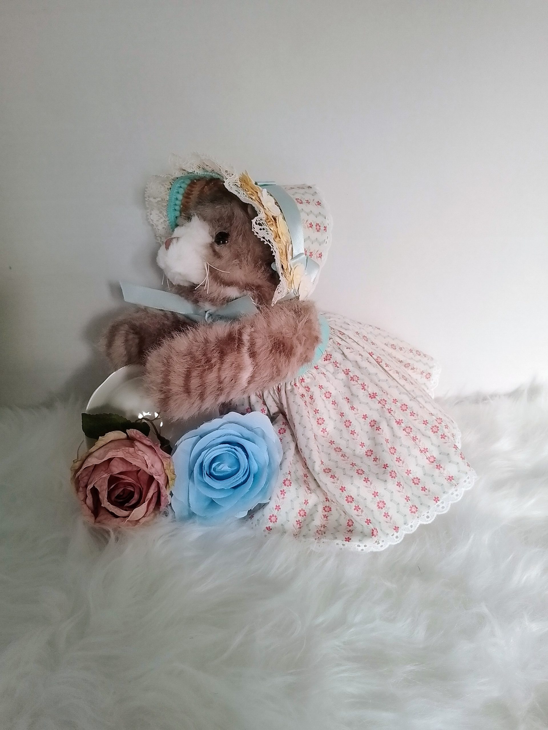 New, high-quality generic, non-branded soft toy cat with unique, custom-made summer dress and poke bonnet by Enchanting World. - Image 5