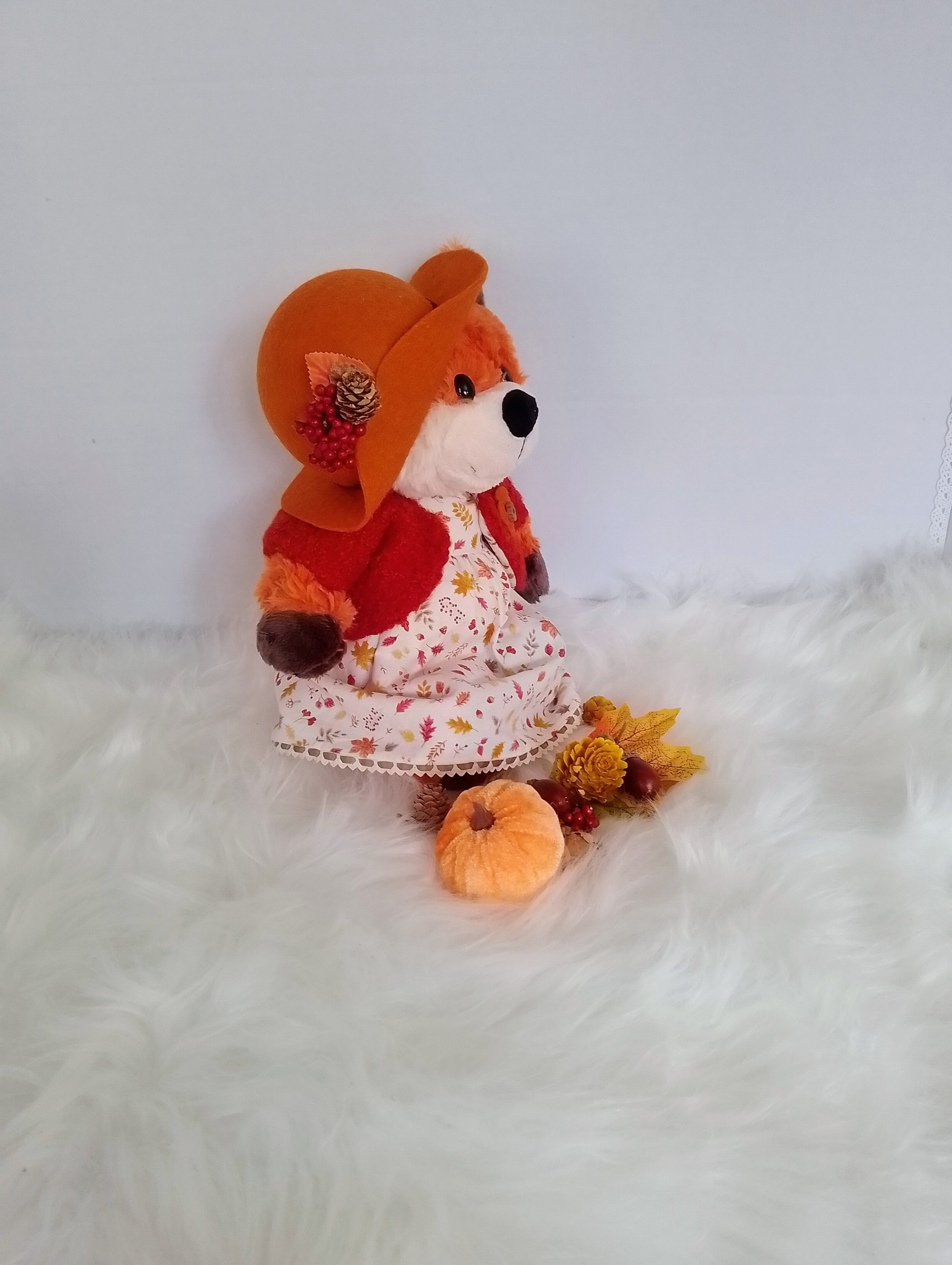 New, high-quality generic, non-branded soft toy fox with unique, custom-made autumn dress, jacket and cloche hat by Enchanting World. - Image 2