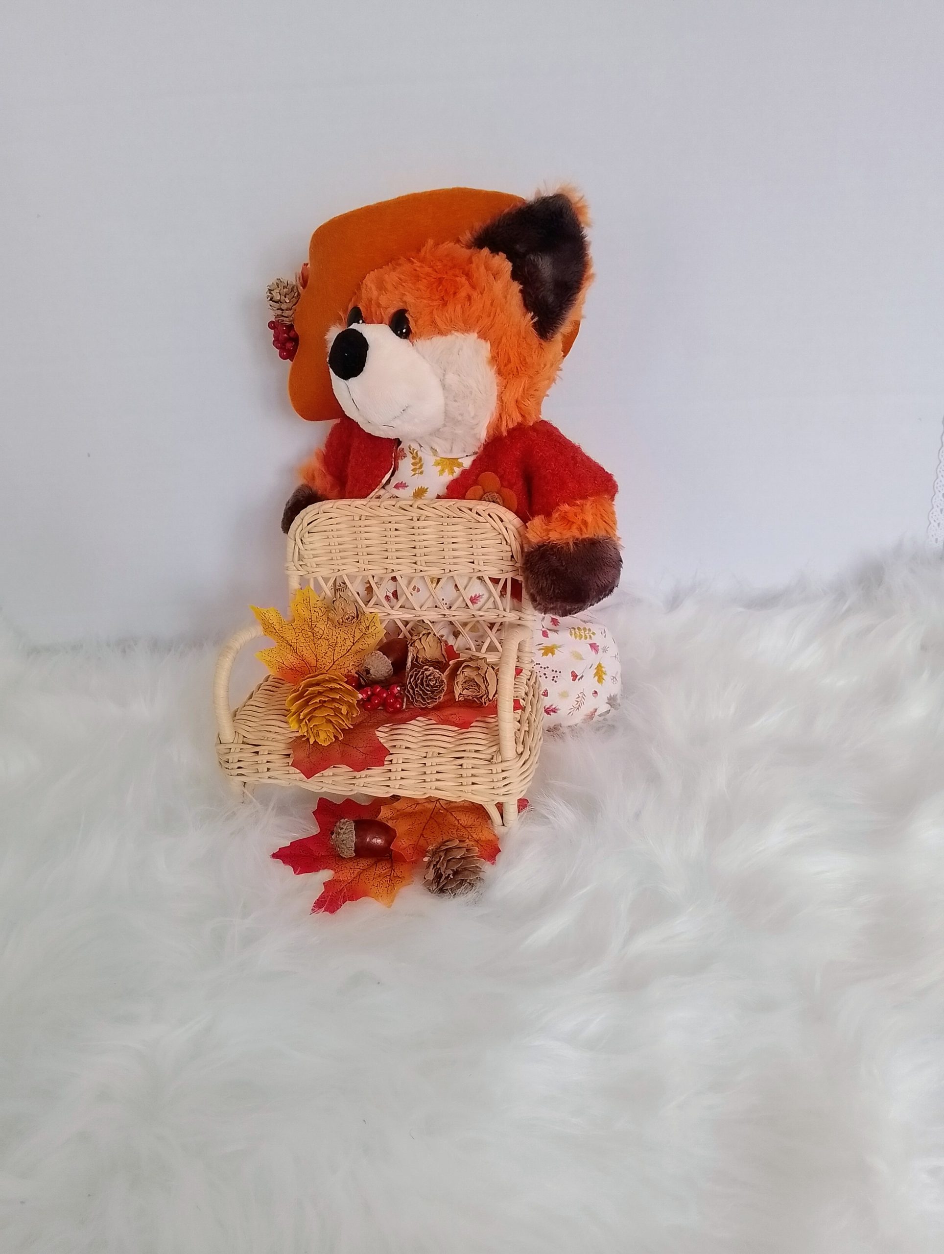 New, high-quality generic, non-branded soft toy fox with unique, custom-made autumn dress, jacket and cloche hat by Enchanting World. - Image 5