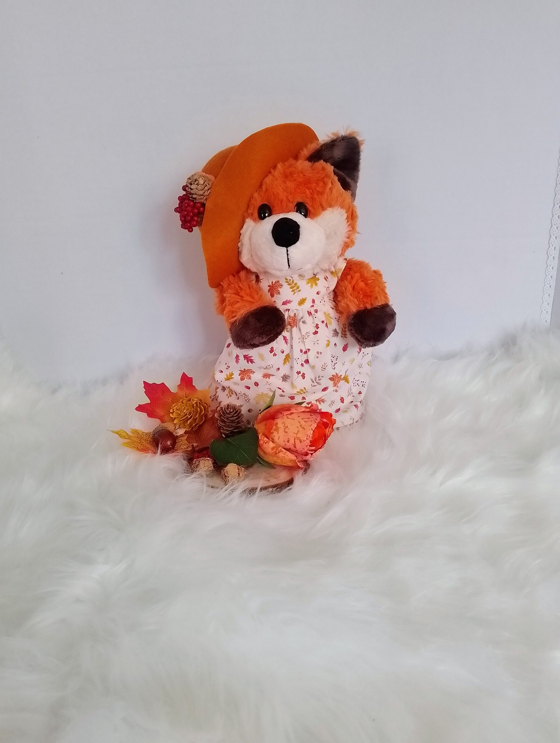 New, high-quality generic, non-branded soft toy fox with unique, custom-made autumn dress, jacket and cloche hat by Enchanting World. - Image 6