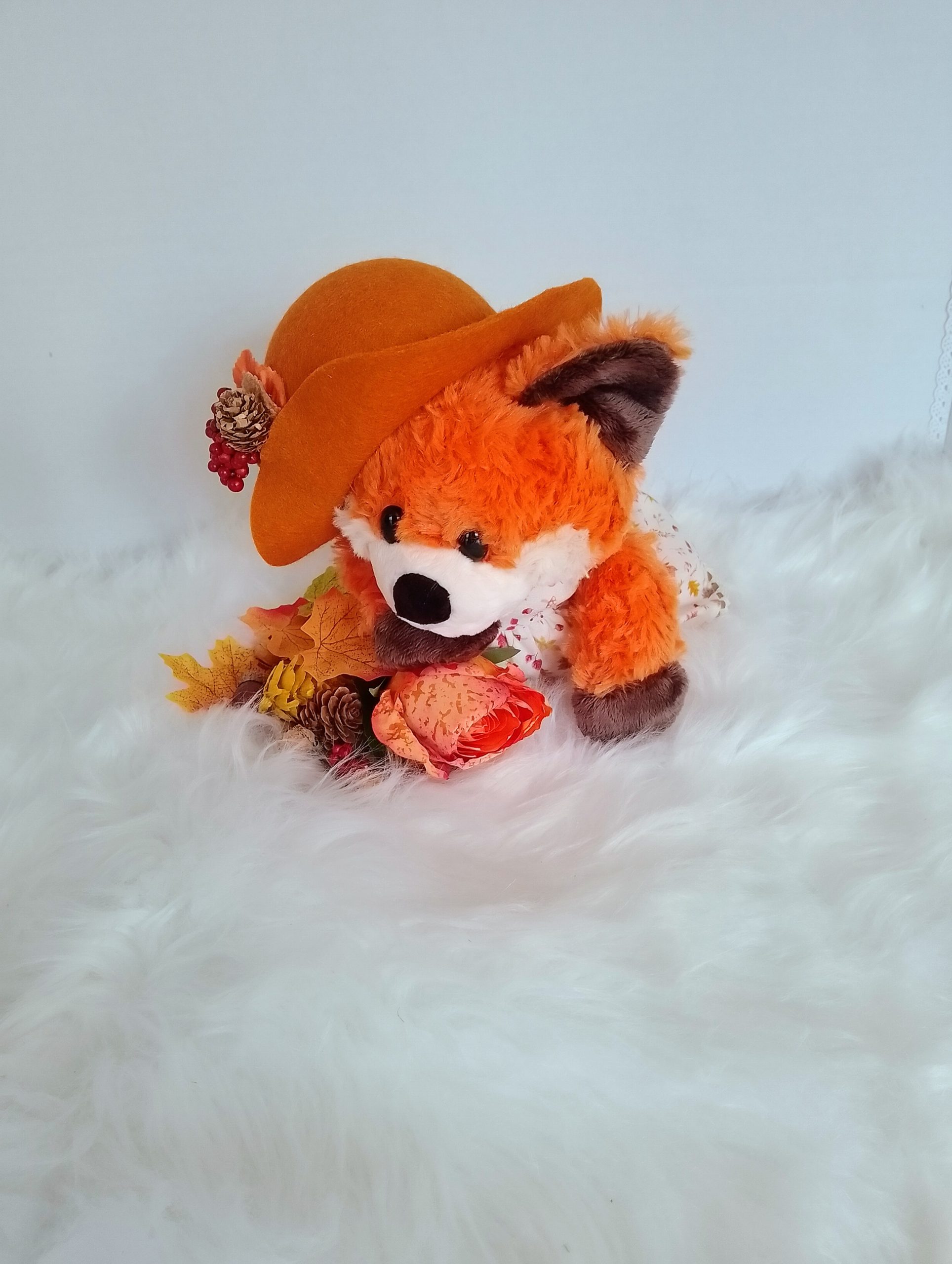 New, high-quality generic, non-branded soft toy fox with unique, custom-made autumn dress, jacket and cloche hat by Enchanting World. - Image 7
