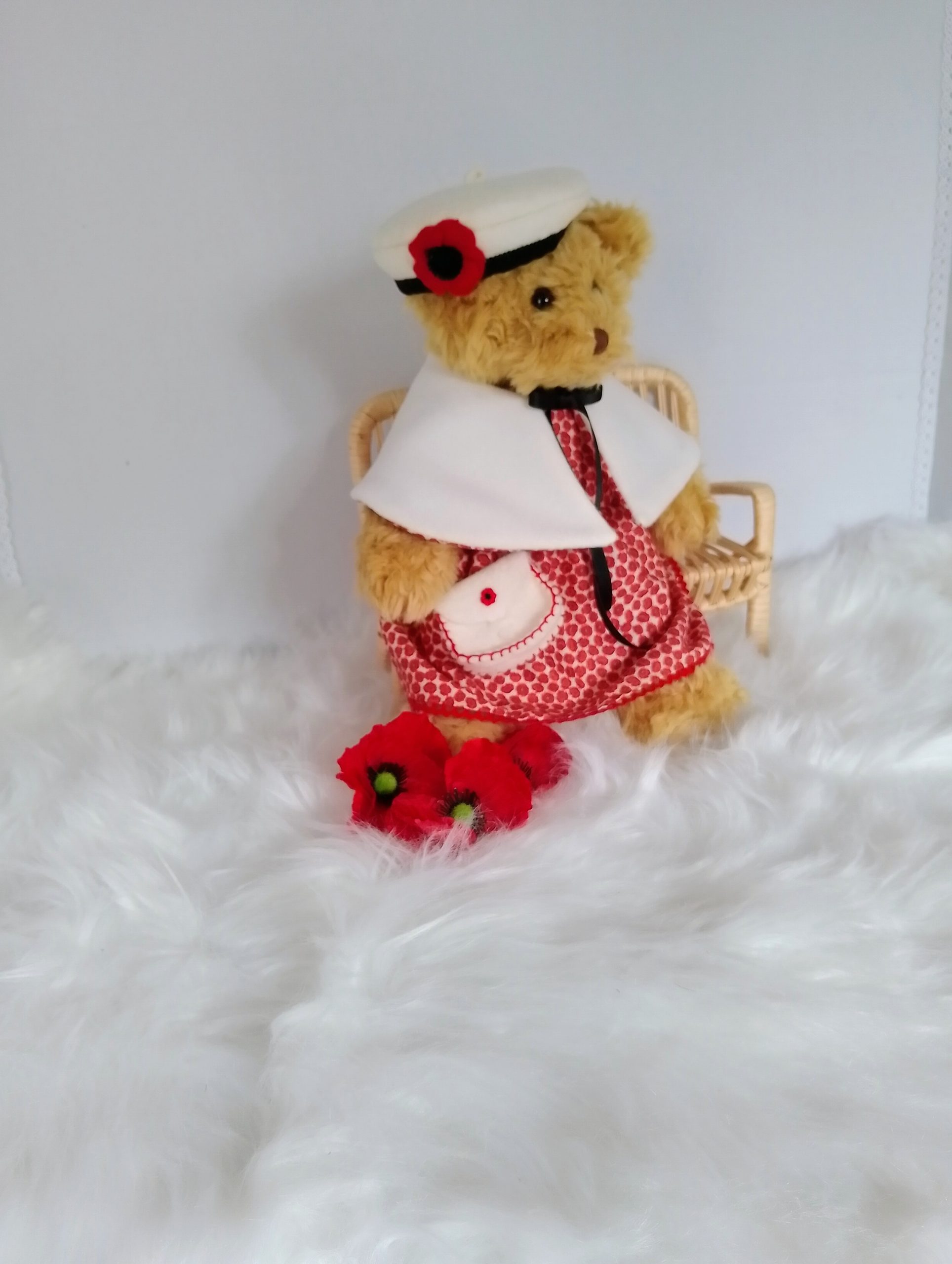 Custom-clothed soft toy teddy bear (original base : Mumbles Bear) with unique, handcrafted autumn dress, cape, French beret, and handbag by Enchanting World. - Image 2