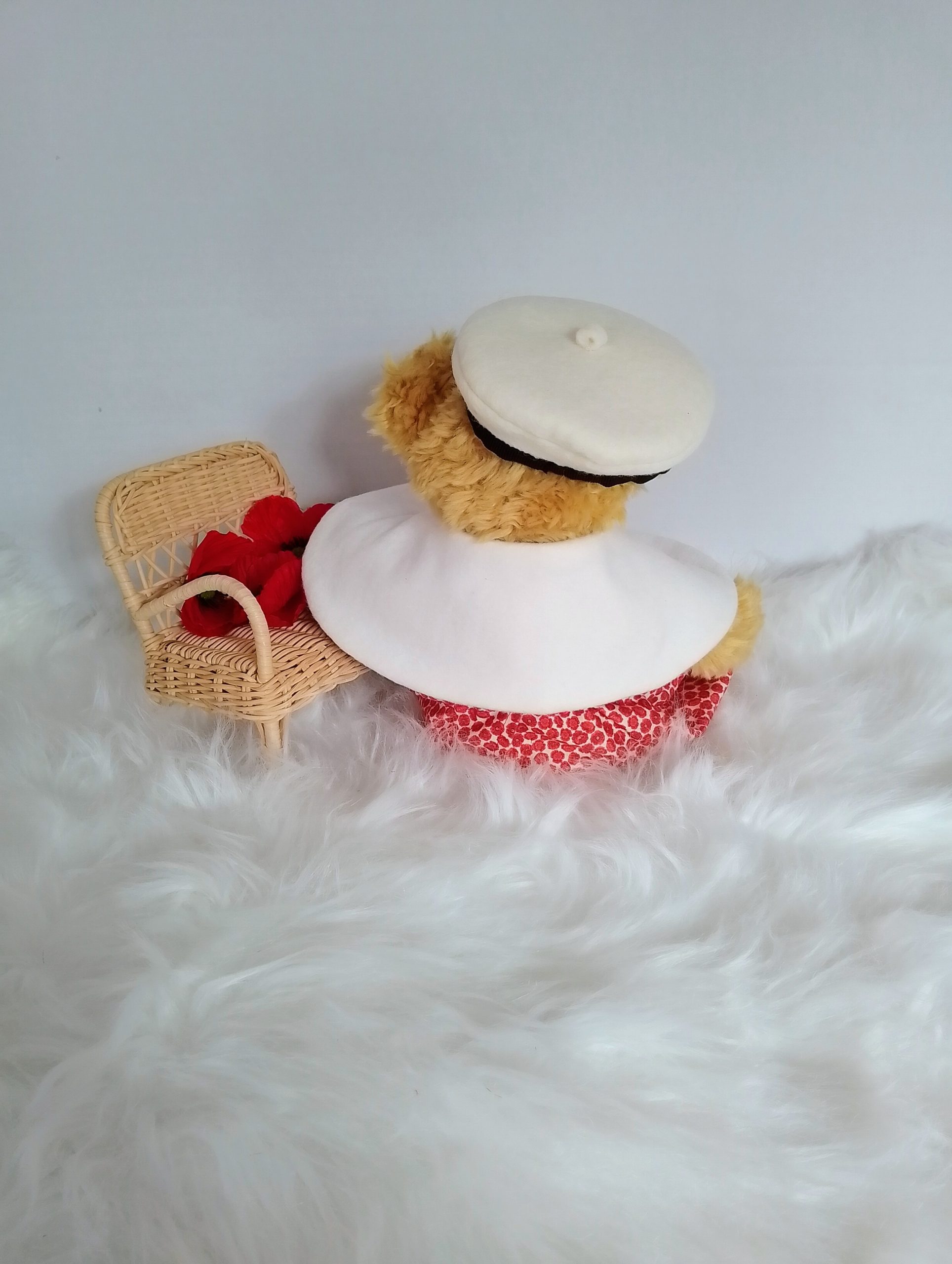 Custom-clothed soft toy teddy bear (original base : Mumbles Bear) with unique, handcrafted autumn dress, cape, French beret, and handbag by Enchanting World. - Image 3