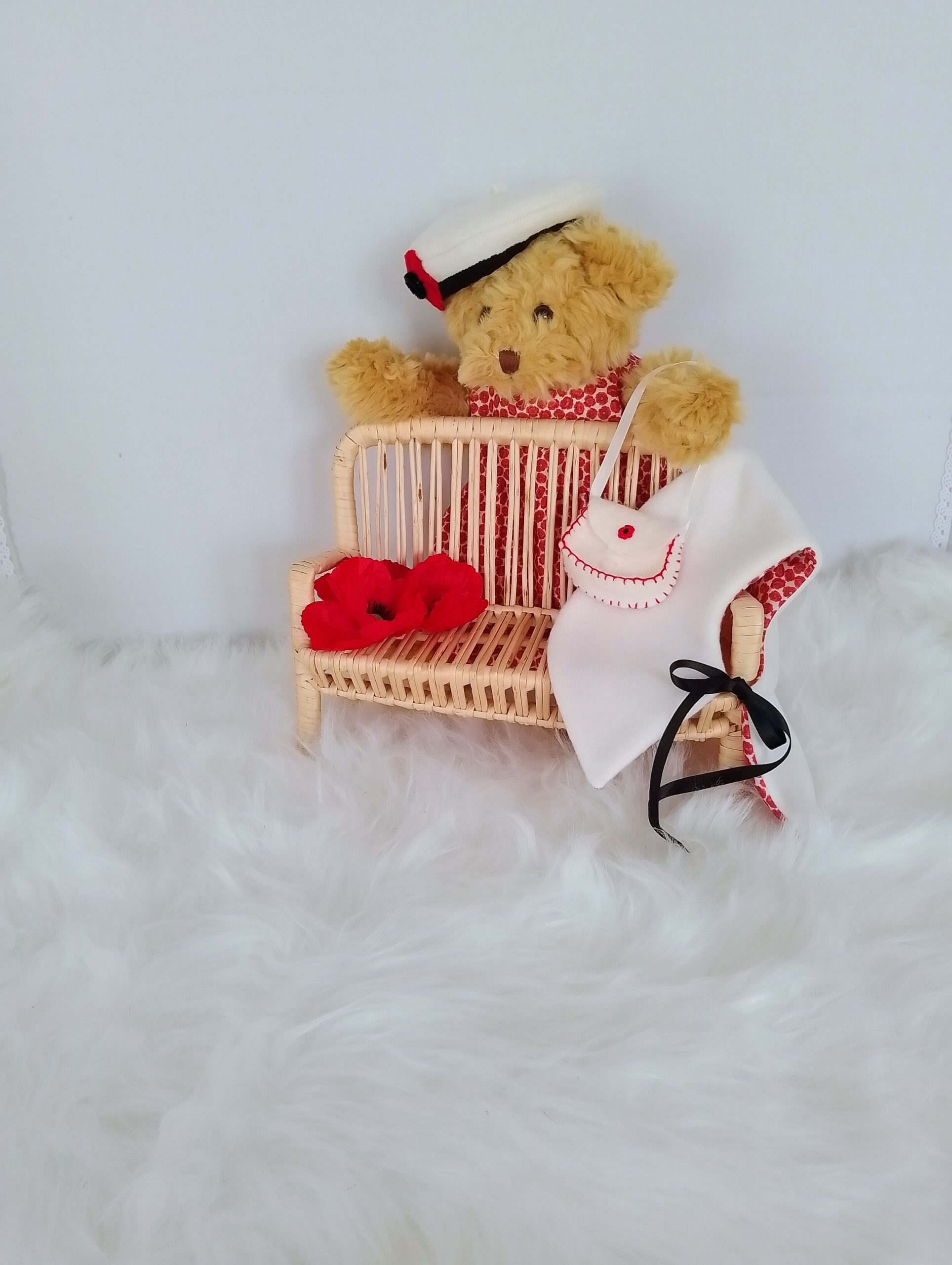 Custom-clothed soft toy teddy bear (original base : Mumbles Bear) with unique, handcrafted autumn dress, cape, French beret, and handbag by Enchanting World. - Image 4