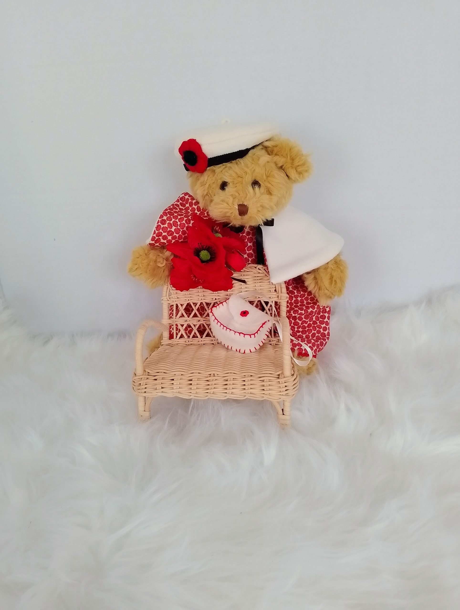 Custom-clothed soft toy teddy bear (original base : Mumbles Bear) with unique, handcrafted autumn dress, cape, French beret, and handbag by Enchanting World. - Image 5