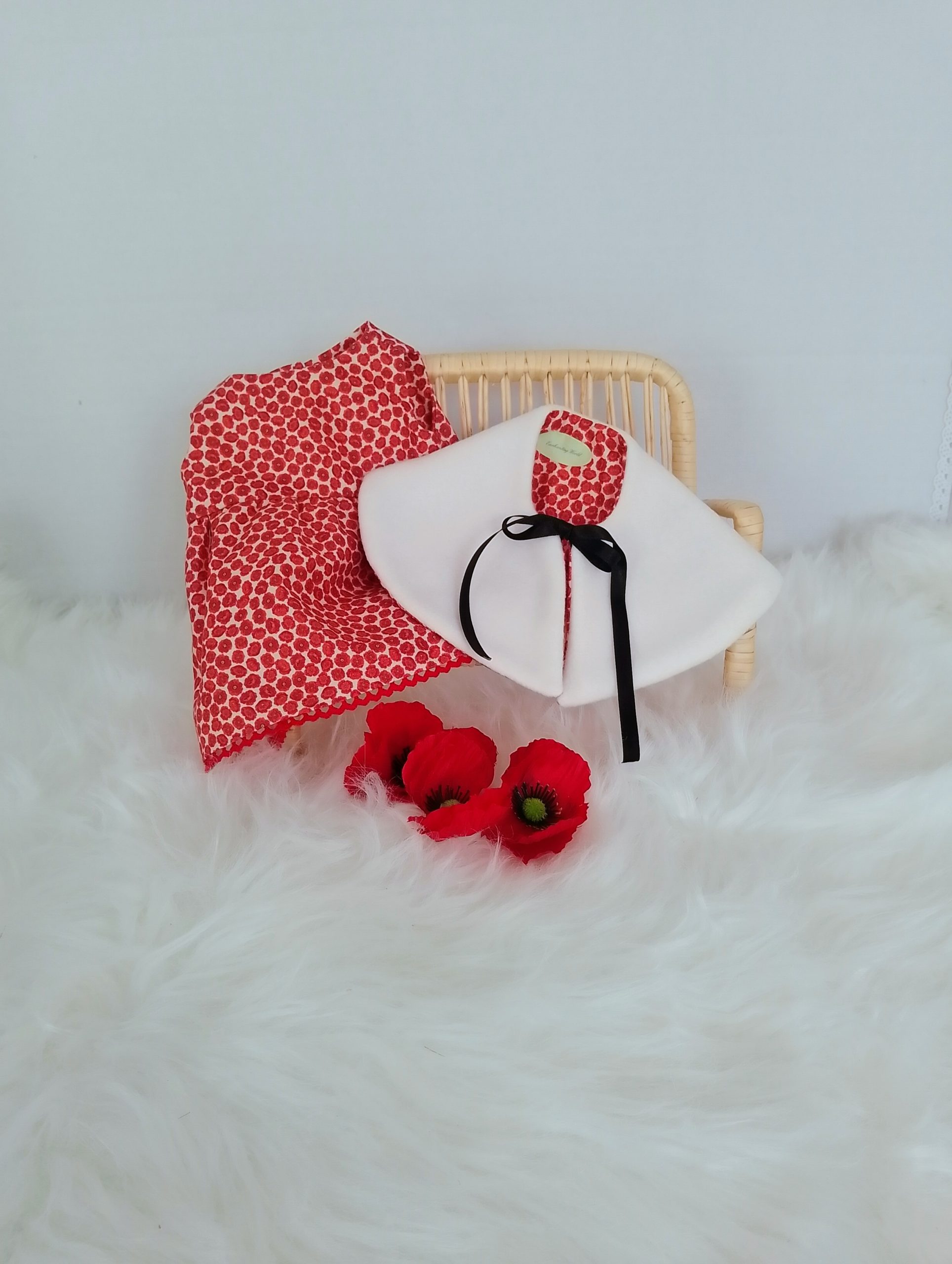 Custom-clothed soft toy teddy bear (original base : Mumbles Bear) with unique, handcrafted autumn dress, cape, French beret, and handbag by Enchanting World. - Image 6