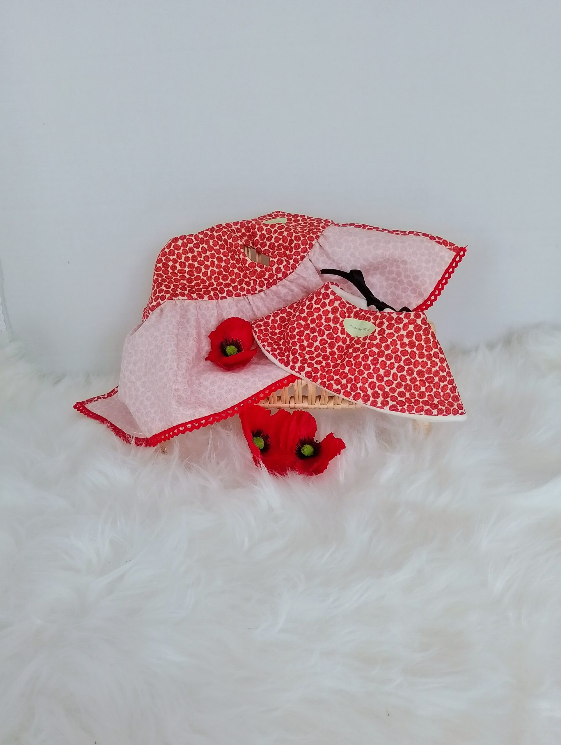 Custom-clothed soft toy teddy bear (original base : Mumbles Bear) with unique, handcrafted autumn dress, cape, French beret, and handbag by Enchanting World. - Image 7