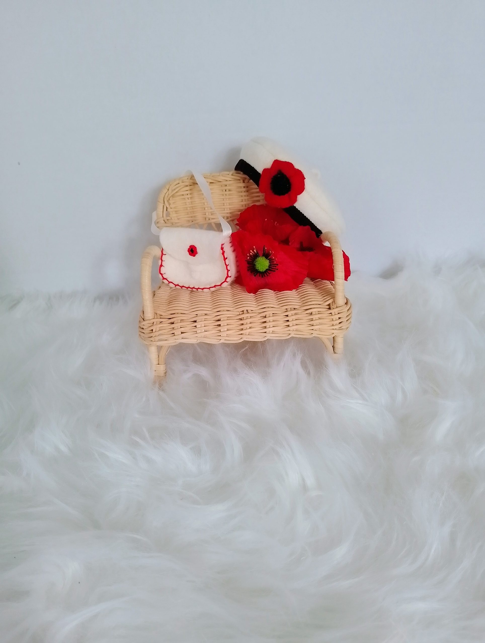 Custom-clothed soft toy teddy bear (original base : Mumbles Bear) with unique, handcrafted autumn dress, cape, French beret, and handbag by Enchanting World. - Image 8
