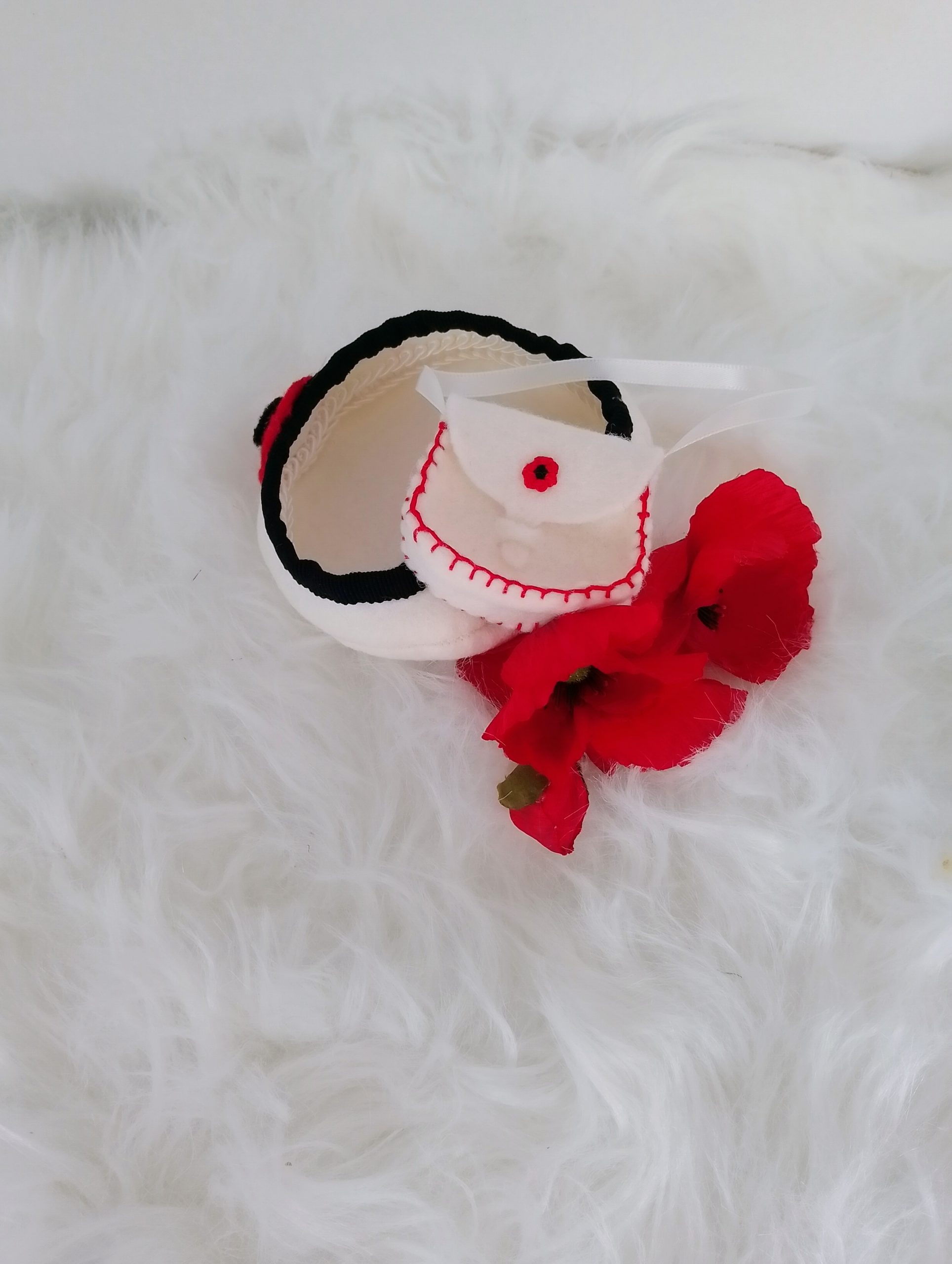 Custom-clothed soft toy teddy bear (original base : Mumbles Bear) with unique, handcrafted autumn dress, cape, French beret, and handbag by Enchanting World. - Image 10