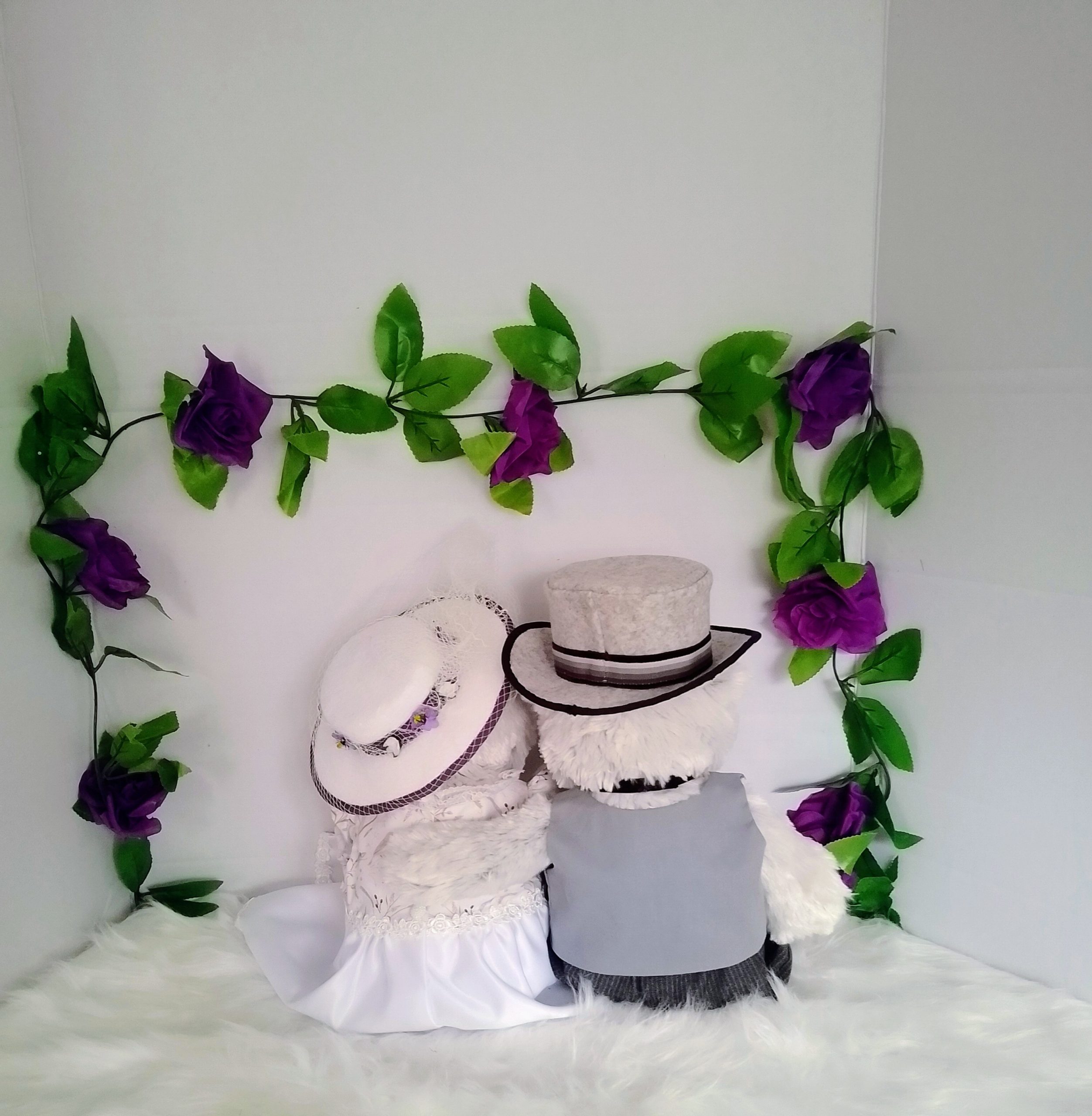 Couple of custom-clothed soft toy teddy bears (original base : Bebamour teddy bears), with unique, handcrafted wedding fashion and millinery by Enchanting World. - Image 4