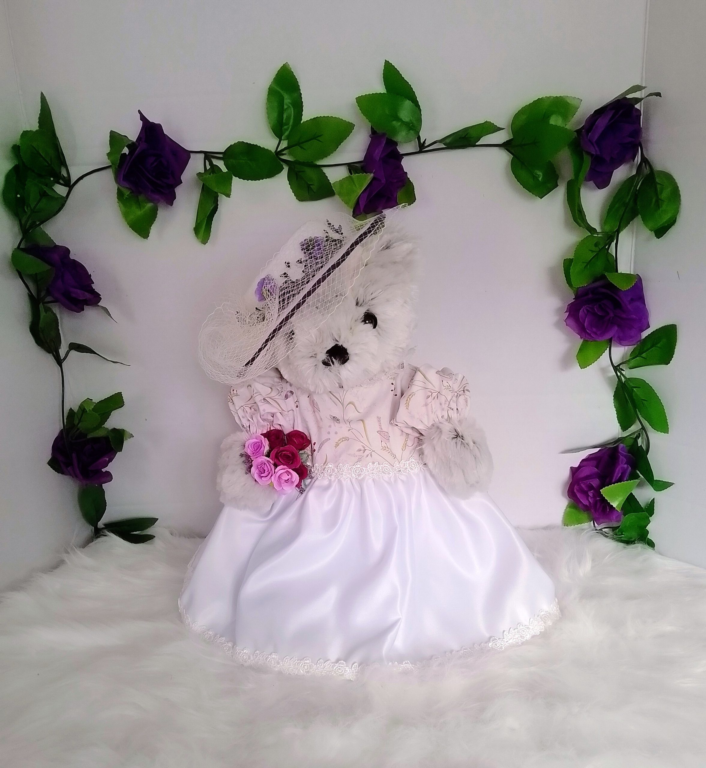 Couple of custom-clothed soft toy teddy bears (original base : Bebamour teddy bears), with unique, handcrafted wedding fashion and millinery by Enchanting World. - Image 5