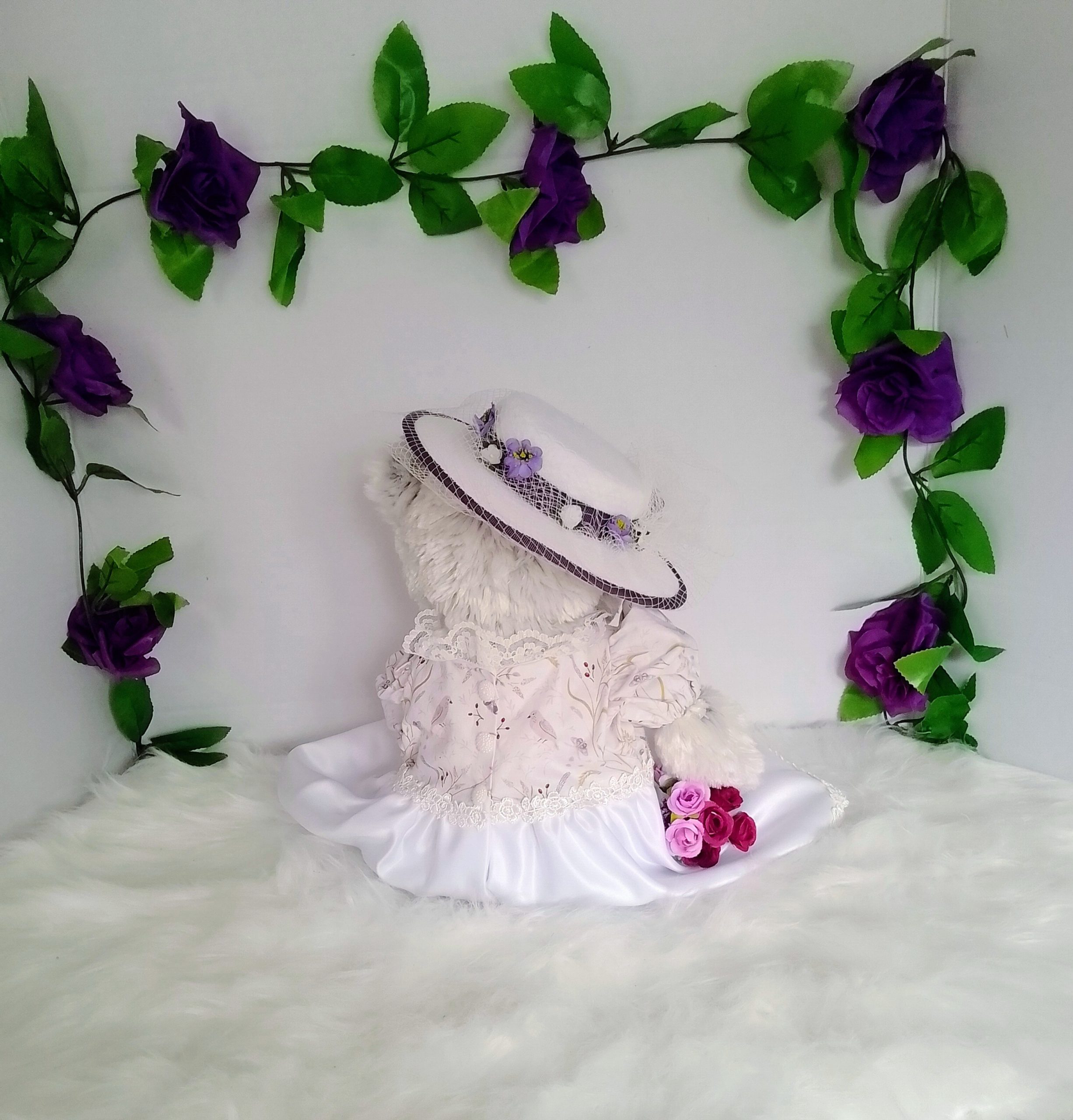 Couple of custom-clothed soft toy teddy bears (original base : Bebamour teddy bears), with unique, handcrafted wedding fashion and millinery by Enchanting World. - Image 7