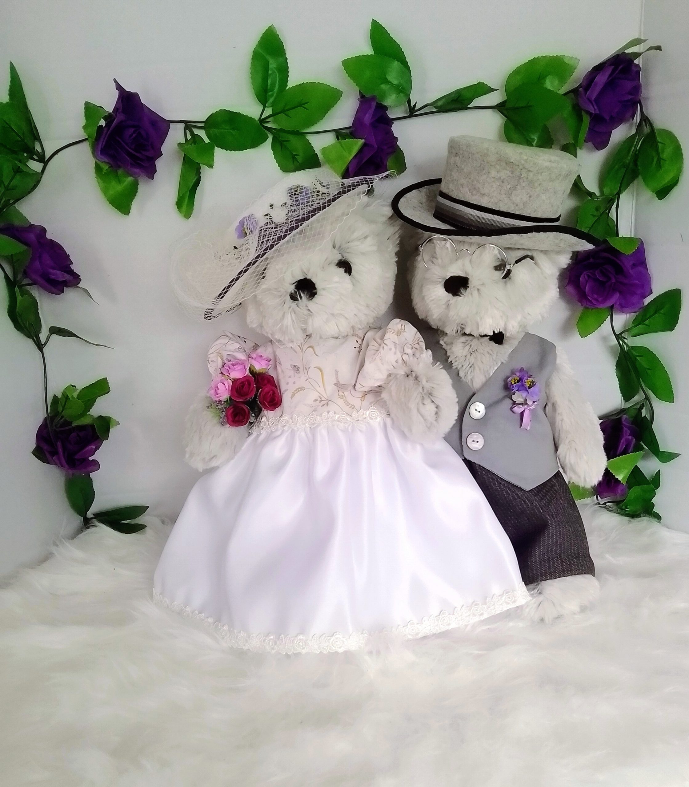 Couple of custom-clothed soft toy teddy bears (original base : Bebamour teddy bears), with unique, handcrafted wedding fashion and millinery by Enchanting World. - Image 2
