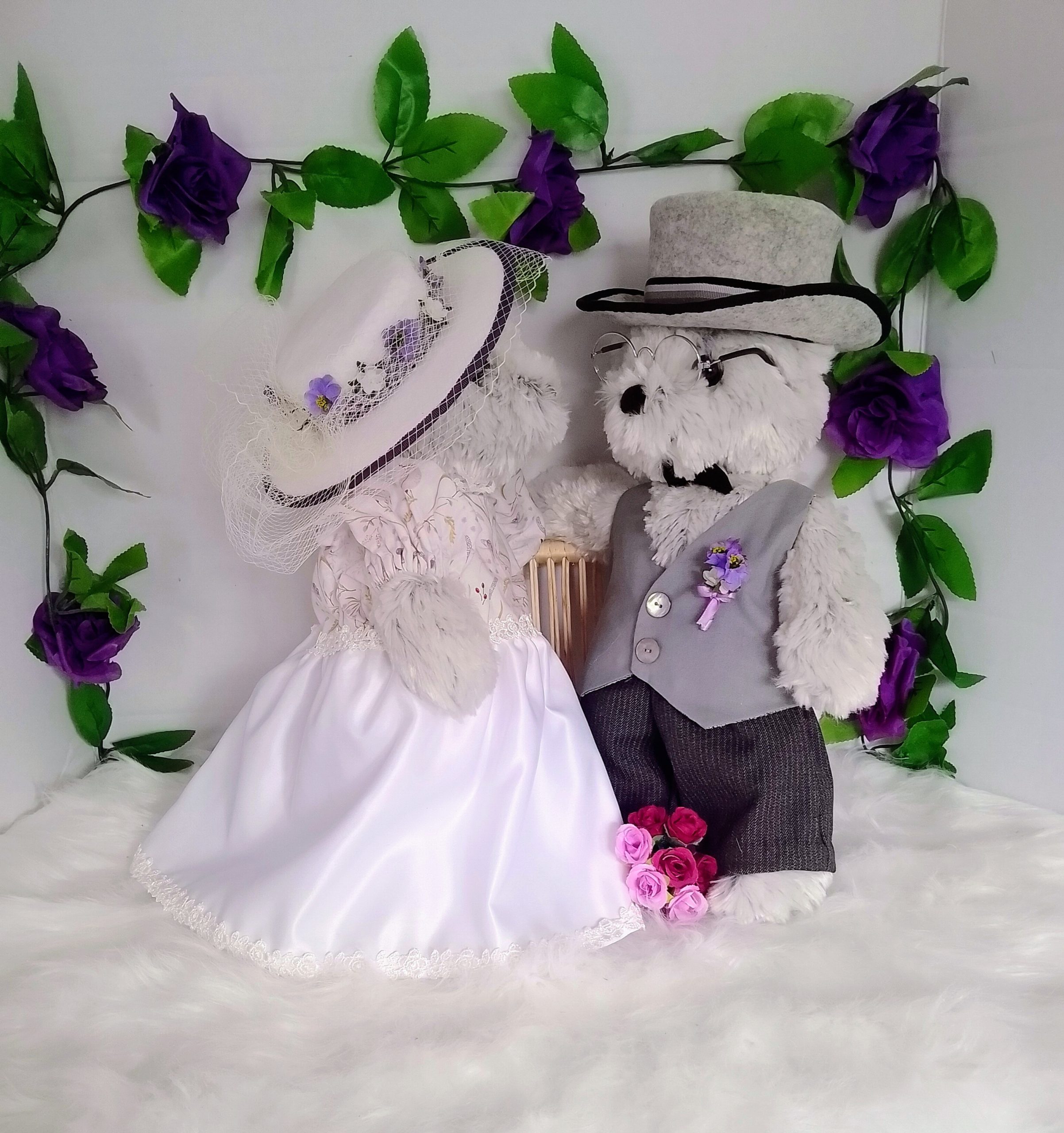 Couple of custom-clothed soft toy teddy bears (original base : Bebamour teddy bears), with unique, handcrafted wedding fashion and millinery by Enchanting World. - Image 3