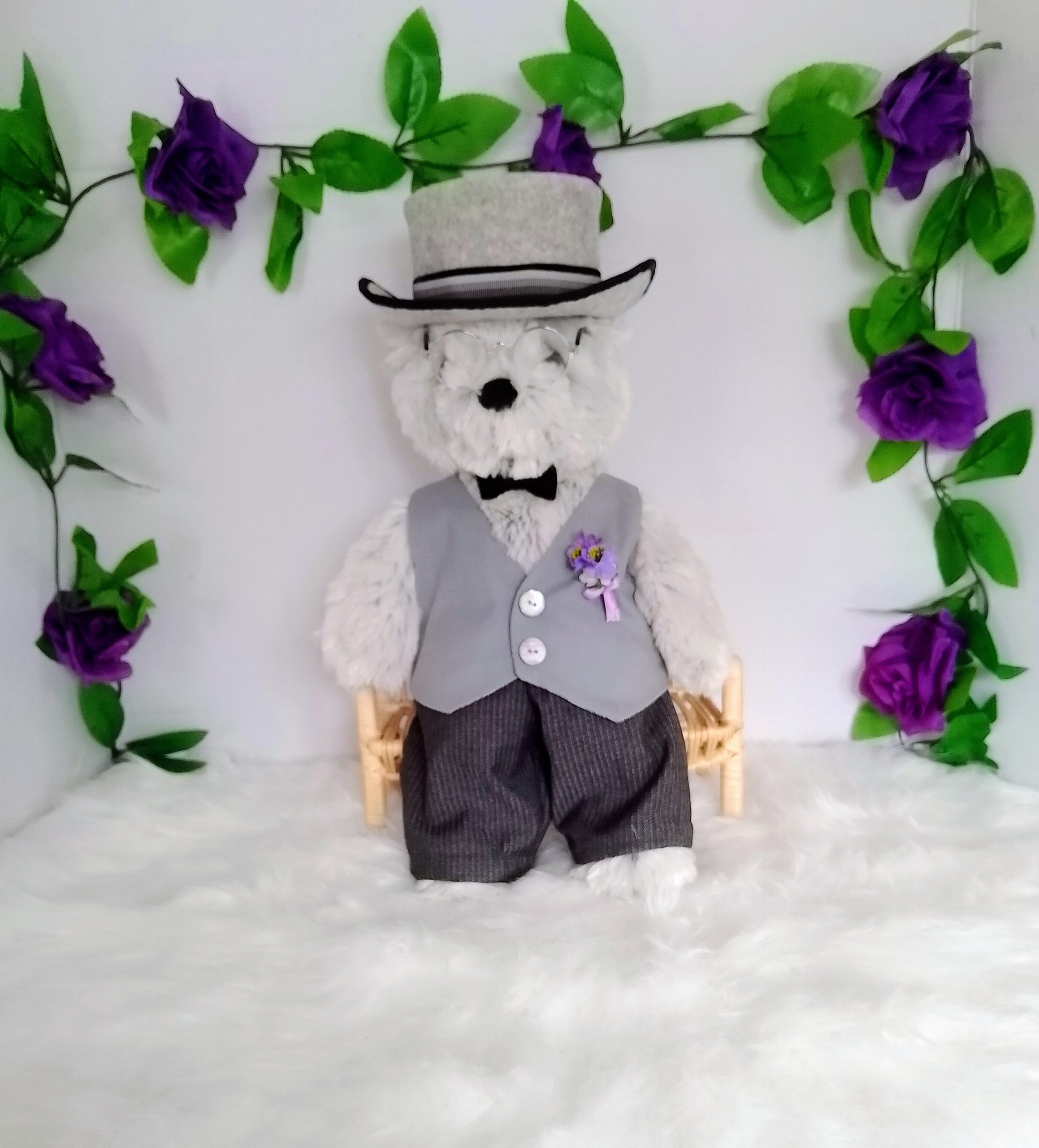 Couple of custom-clothed soft toy teddy bears (original base : Bebamour teddy bears), with unique, handcrafted wedding fashion and millinery by Enchanting World. - Image 8