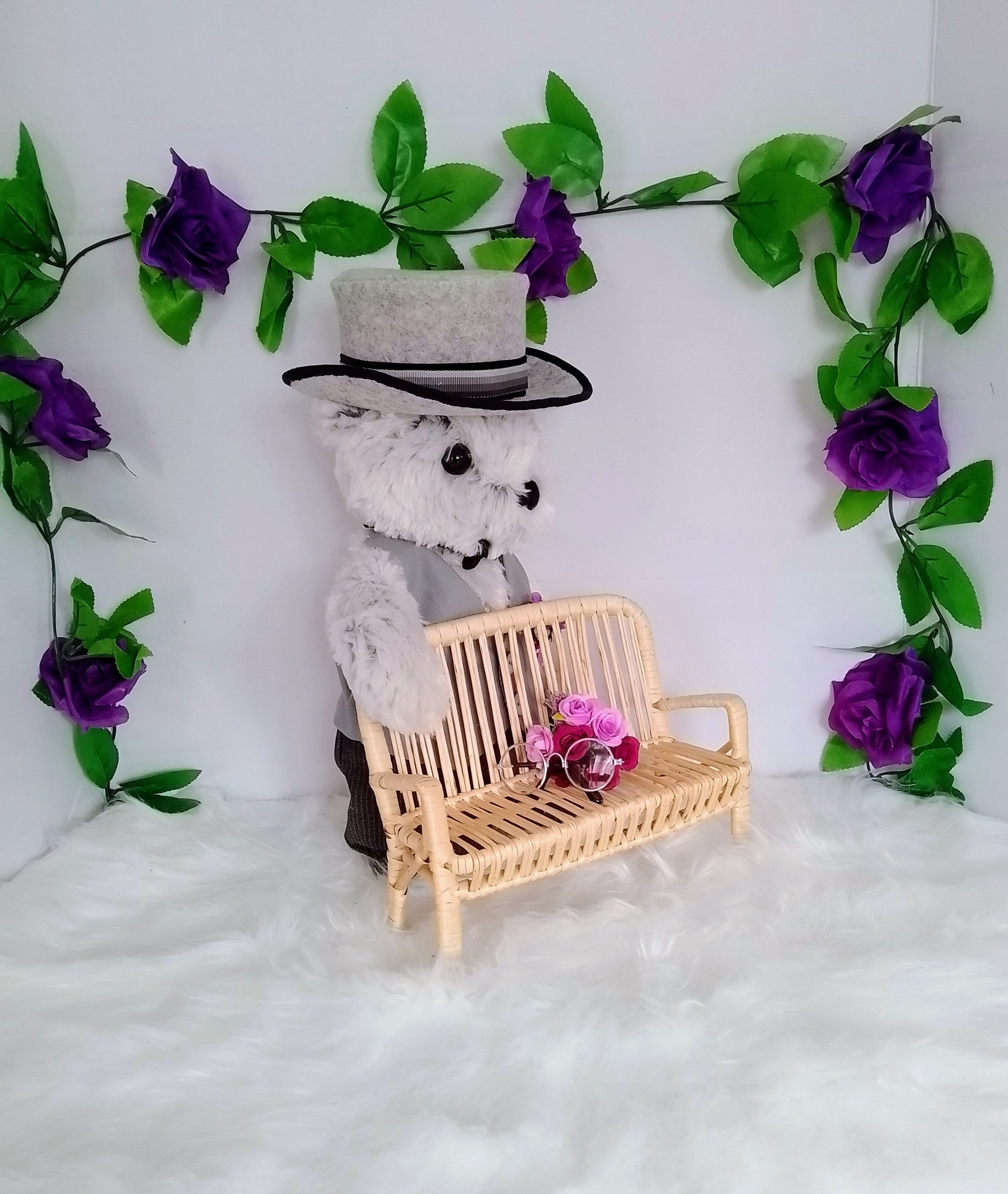 Couple of custom-clothed soft toy teddy bears (original base : Bebamour teddy bears), with unique, handcrafted wedding fashion and millinery by Enchanting World. - Image 9