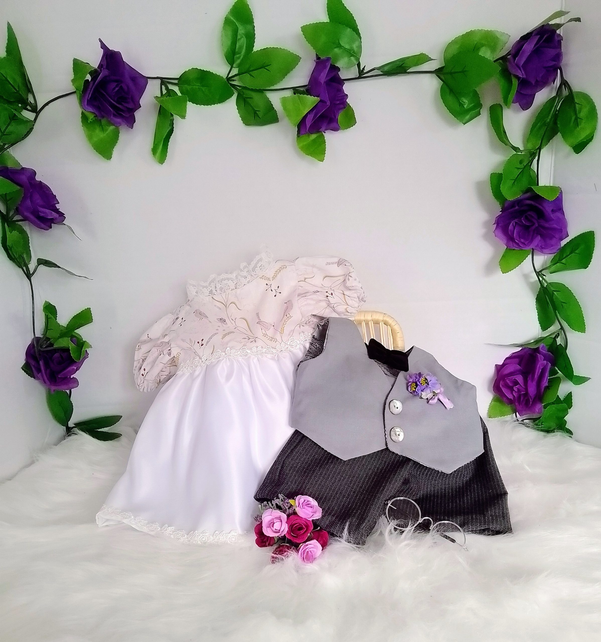 Couple of custom-clothed soft toy teddy bears (original base : Bebamour teddy bears), with unique, handcrafted wedding fashion and millinery by Enchanting World. - Image 10