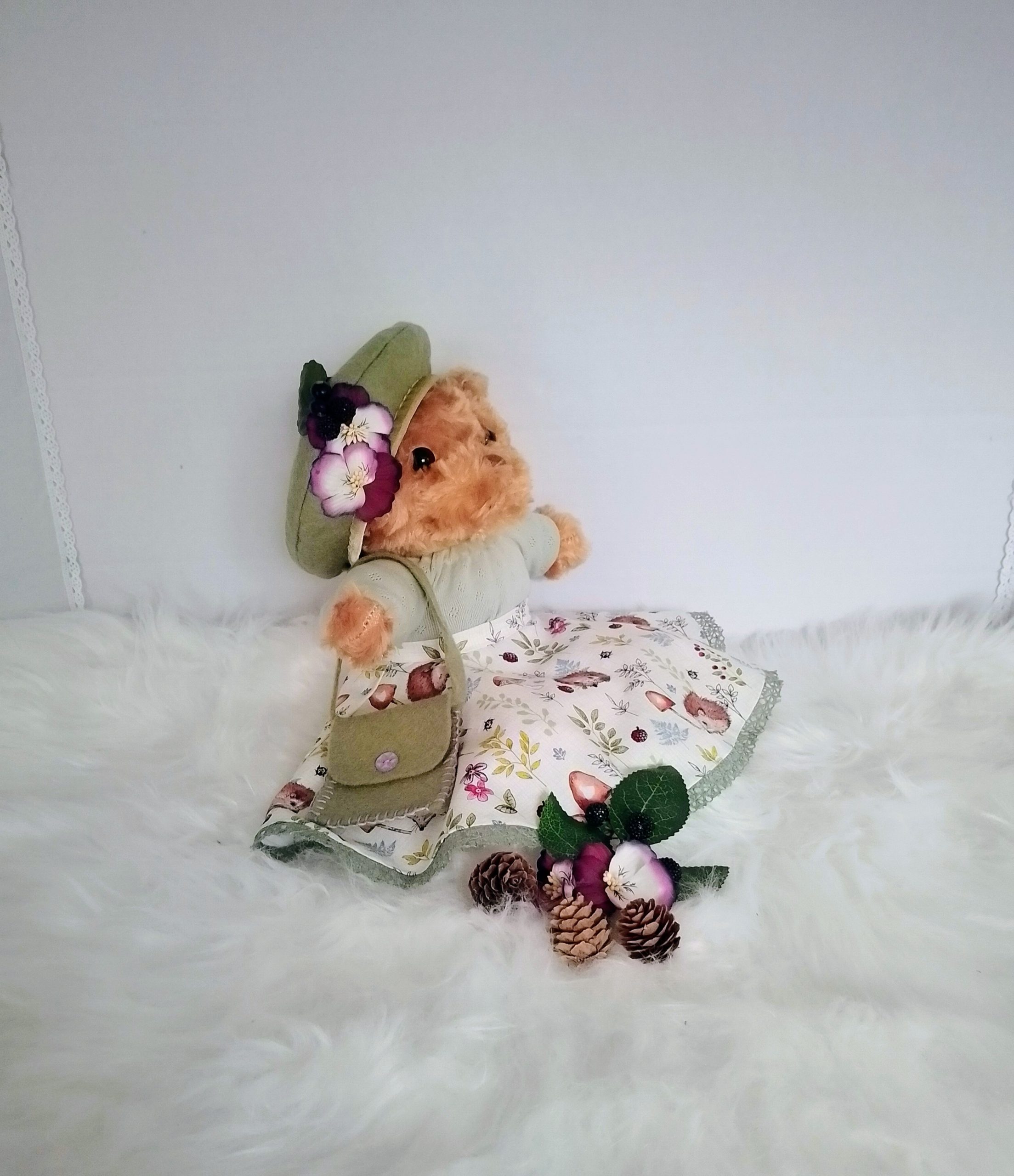 New, high-quality generic, non-branded soft toy teddy bear with unique, custom-made autumn skirt, jumper, French beret and handbag by Enchanting World. - Image 2