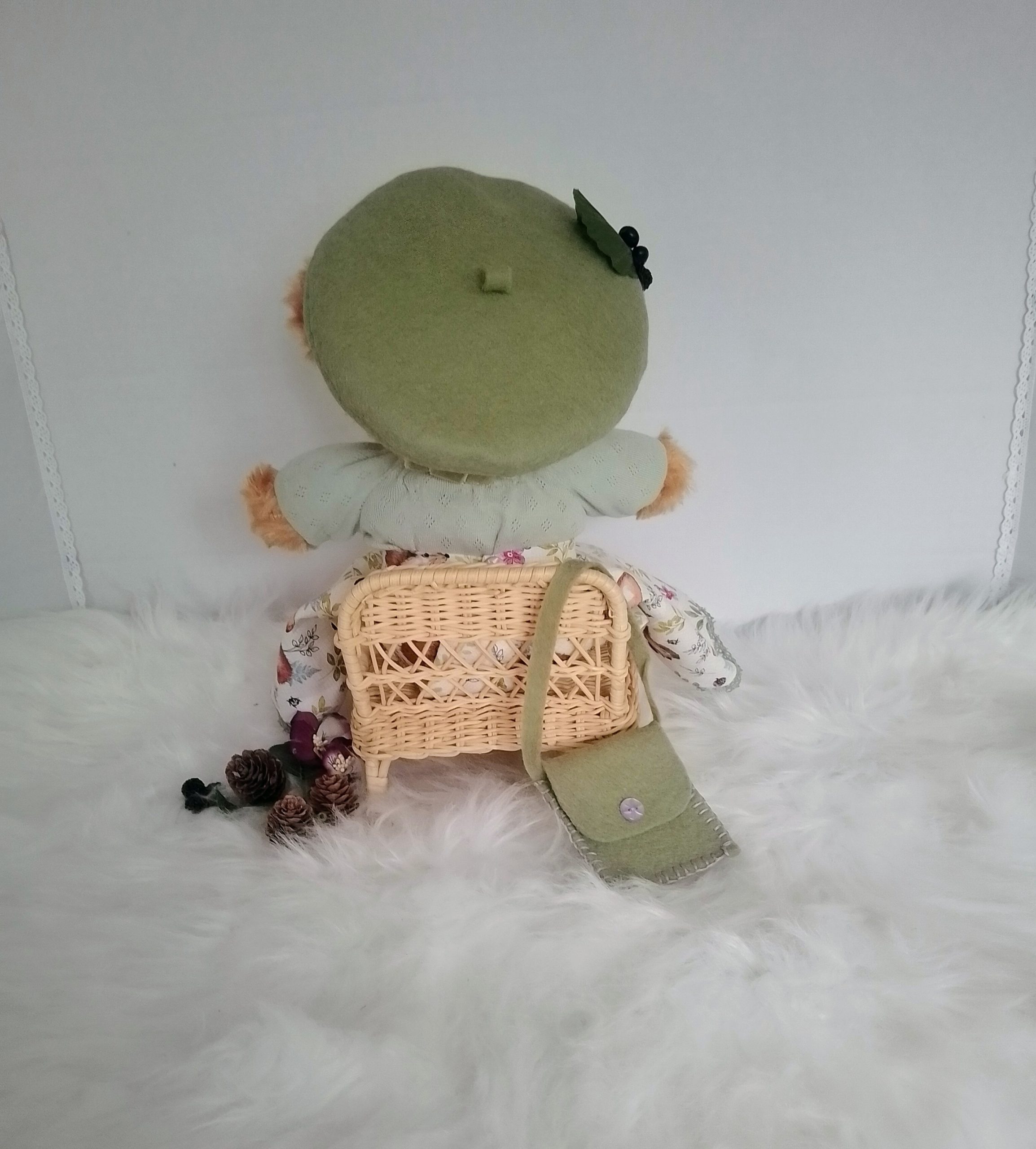 New, high-quality generic, non-branded soft toy teddy bear with unique, custom-made autumn skirt, jumper, French beret and handbag by Enchanting World. - Image 3