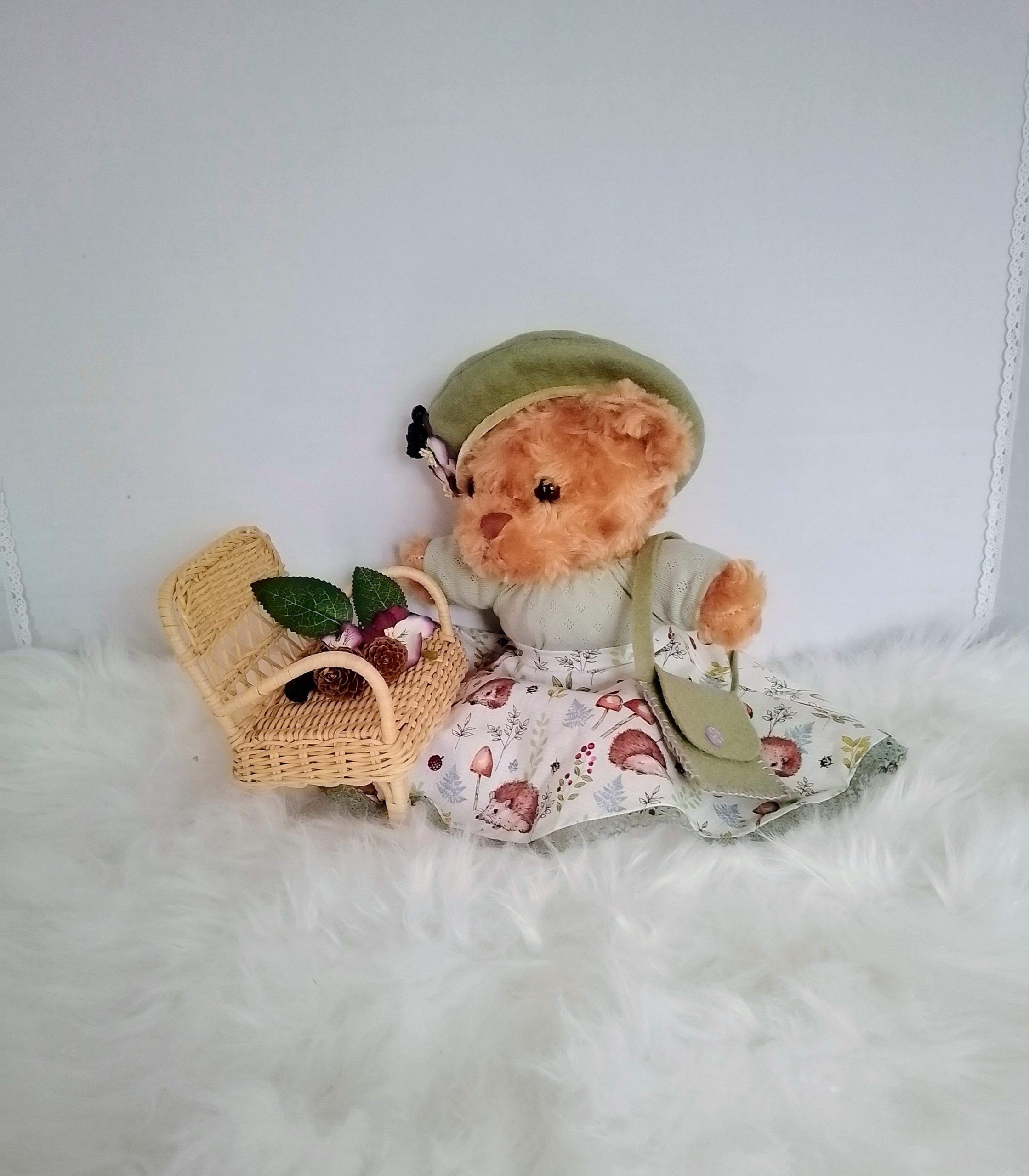 New, high-quality generic, non-branded soft toy teddy bear with unique, custom-made autumn skirt, jumper, French beret and handbag by Enchanting World. - Image 4